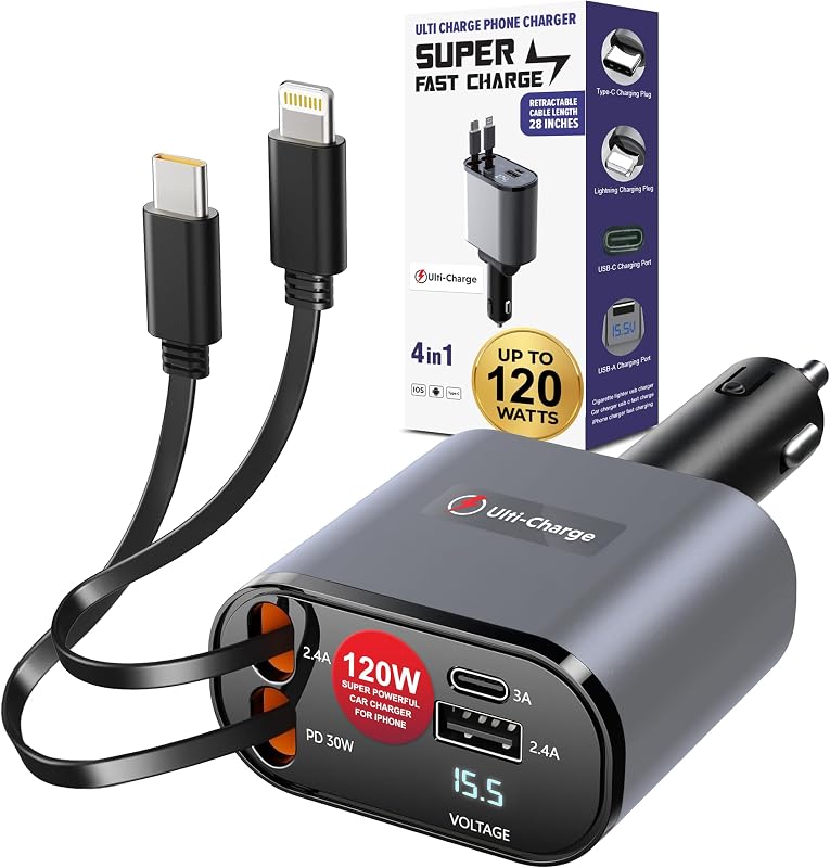 Ulti Charge iPhone Car Charger USB C Fast Charge Retractable 120W 4-Port | Retractable Auto Adapter, USB-C, USB-A & Lightning for iPhone, Samsung, Tablets, Powerful 120 Watt USBC Charging Block