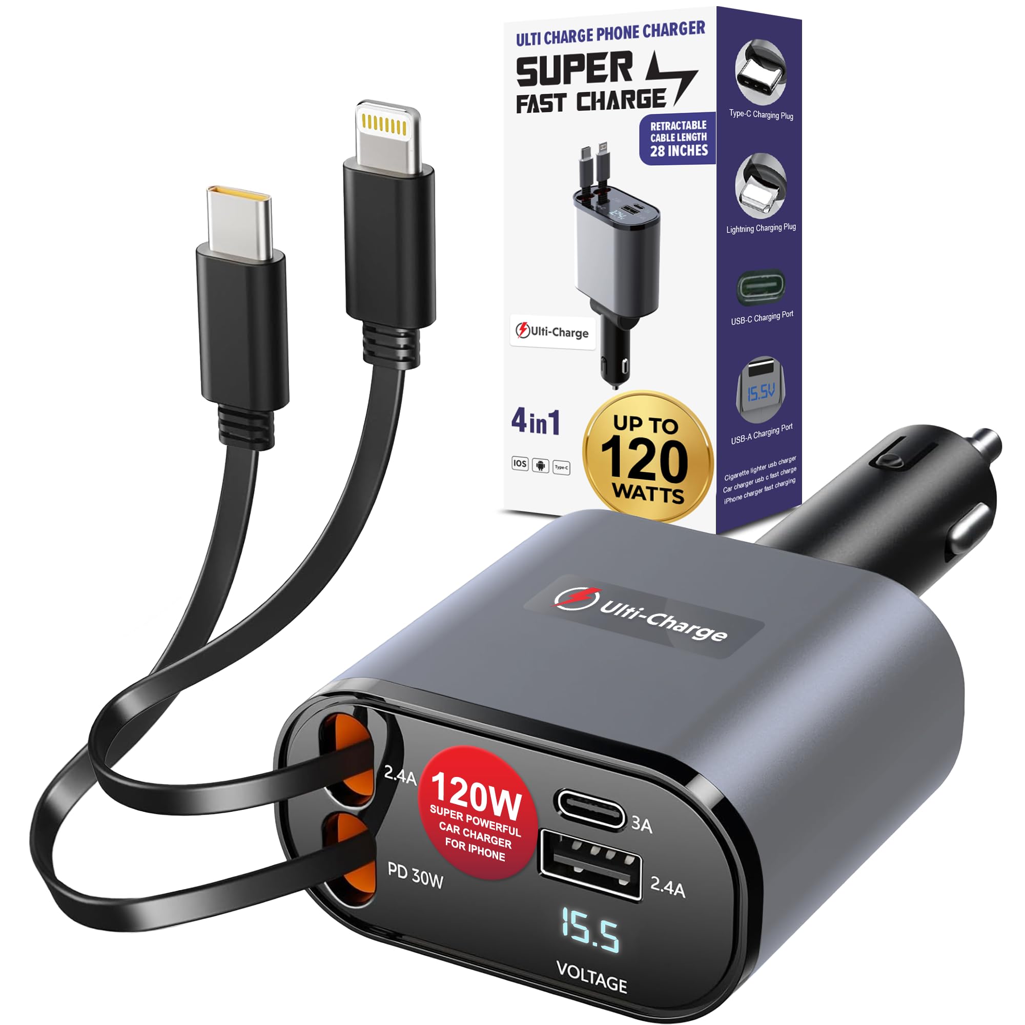 Ulti Charge 120W 4-Port Retractable Car Charger