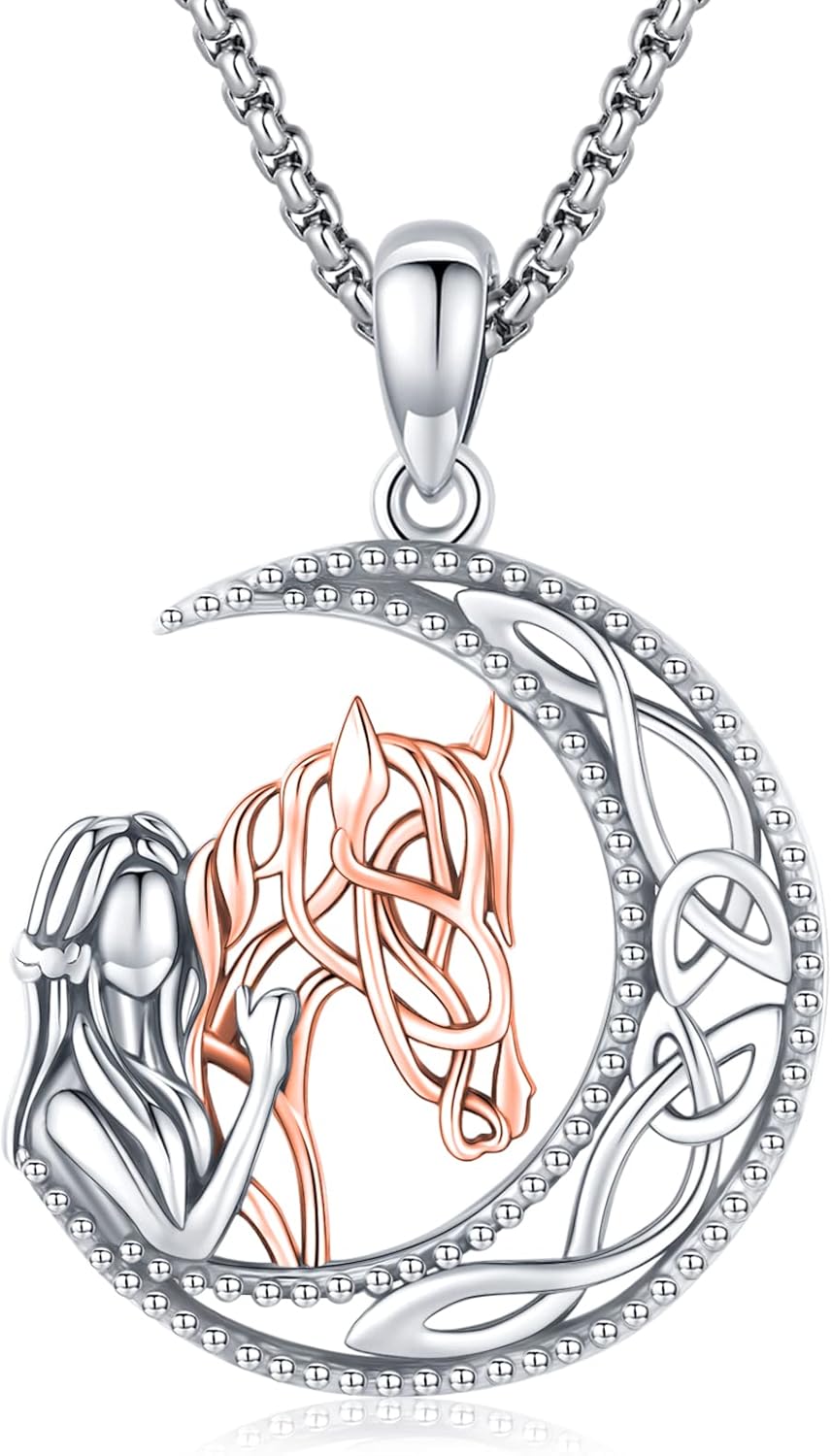 Collana con ciondolo rotondo in argento sterling con ragazza e cavallo