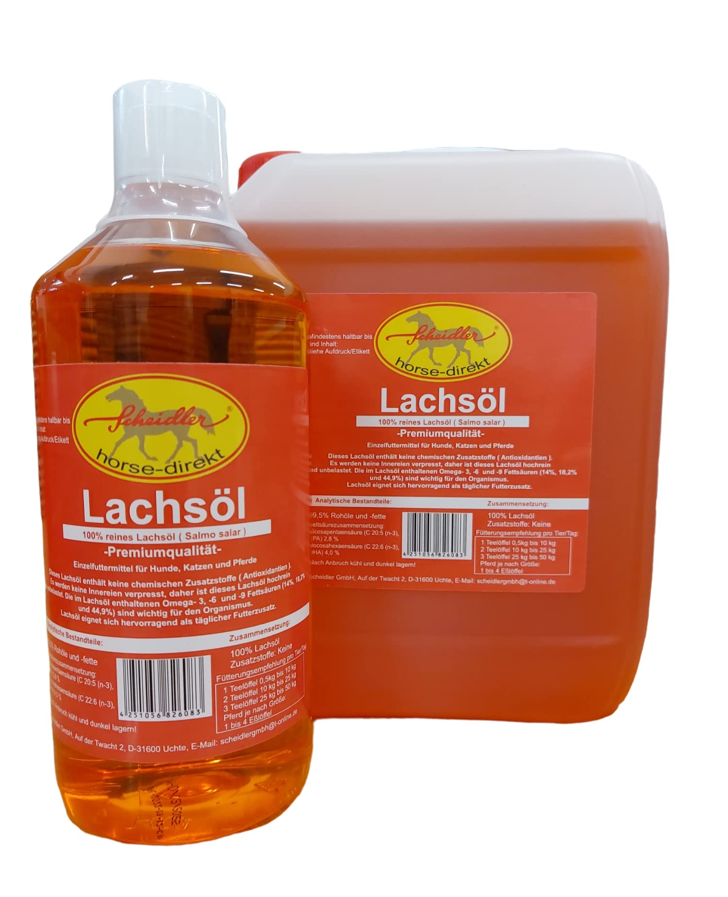 Scheidler horse-direkt Lachsöl für Hunde, Katzen und Pferde, reines Fischöl, Barf Öl ohne Zusätze, reich an Omega-3, 6- und 9-Fettsäuren, natürliches Einzelfuttermittel, 6 Liter