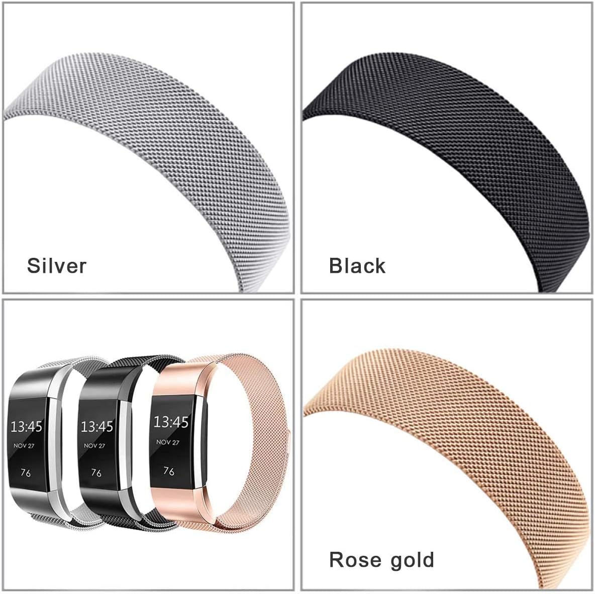 Valband 3 Pack Replacement Bands Compatible with Fitbit Charge 2, Stainless Steel Metal Lock Replacement Wristban with Unique Magnet Clasp (Large)
