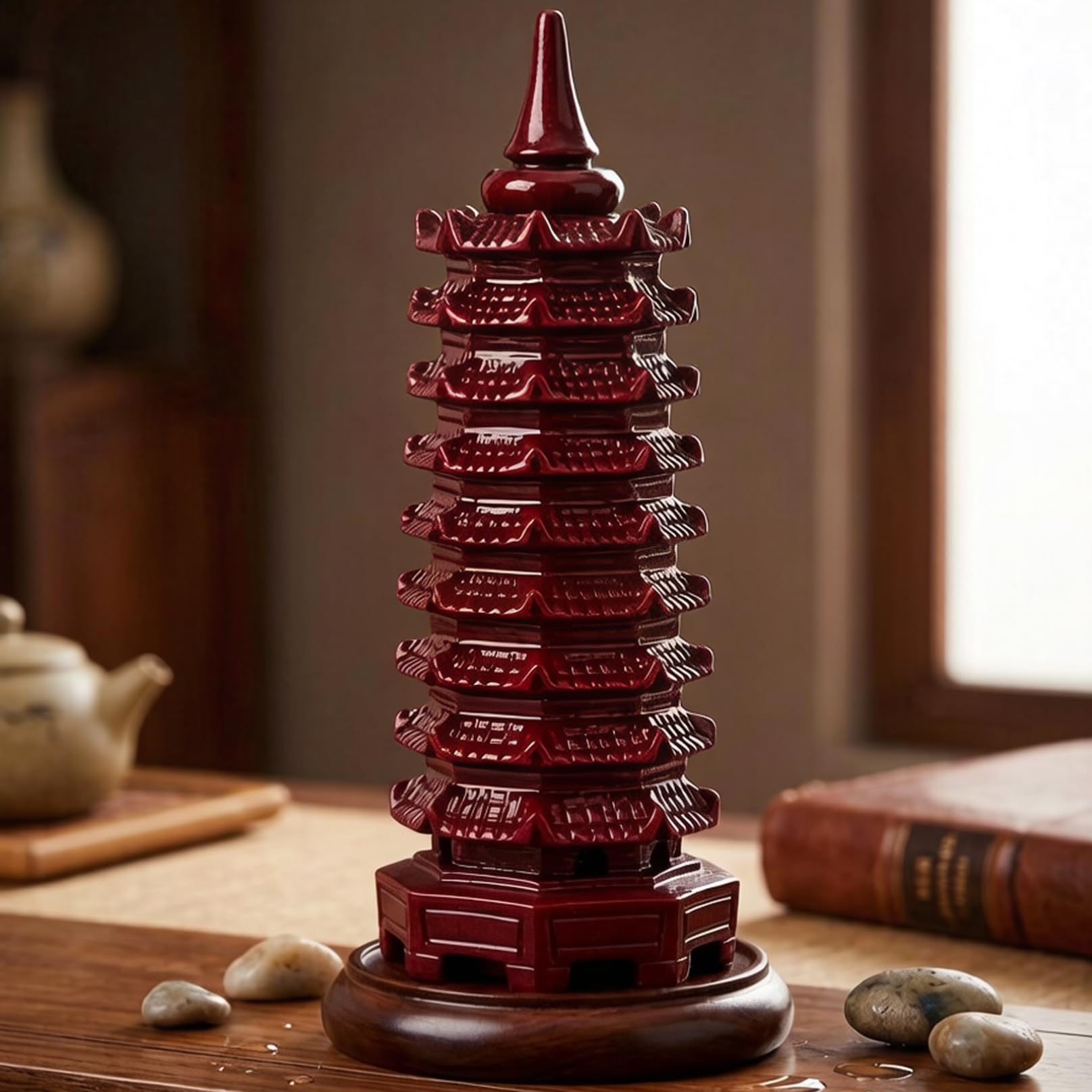 Latemeia Red Pagoda 9-Level Cinnabar Feng Shui Decor Heart Sutra Pagoda Statue For Study Desk Auspicious Ornament For Home & Office, Feng Shui Decor