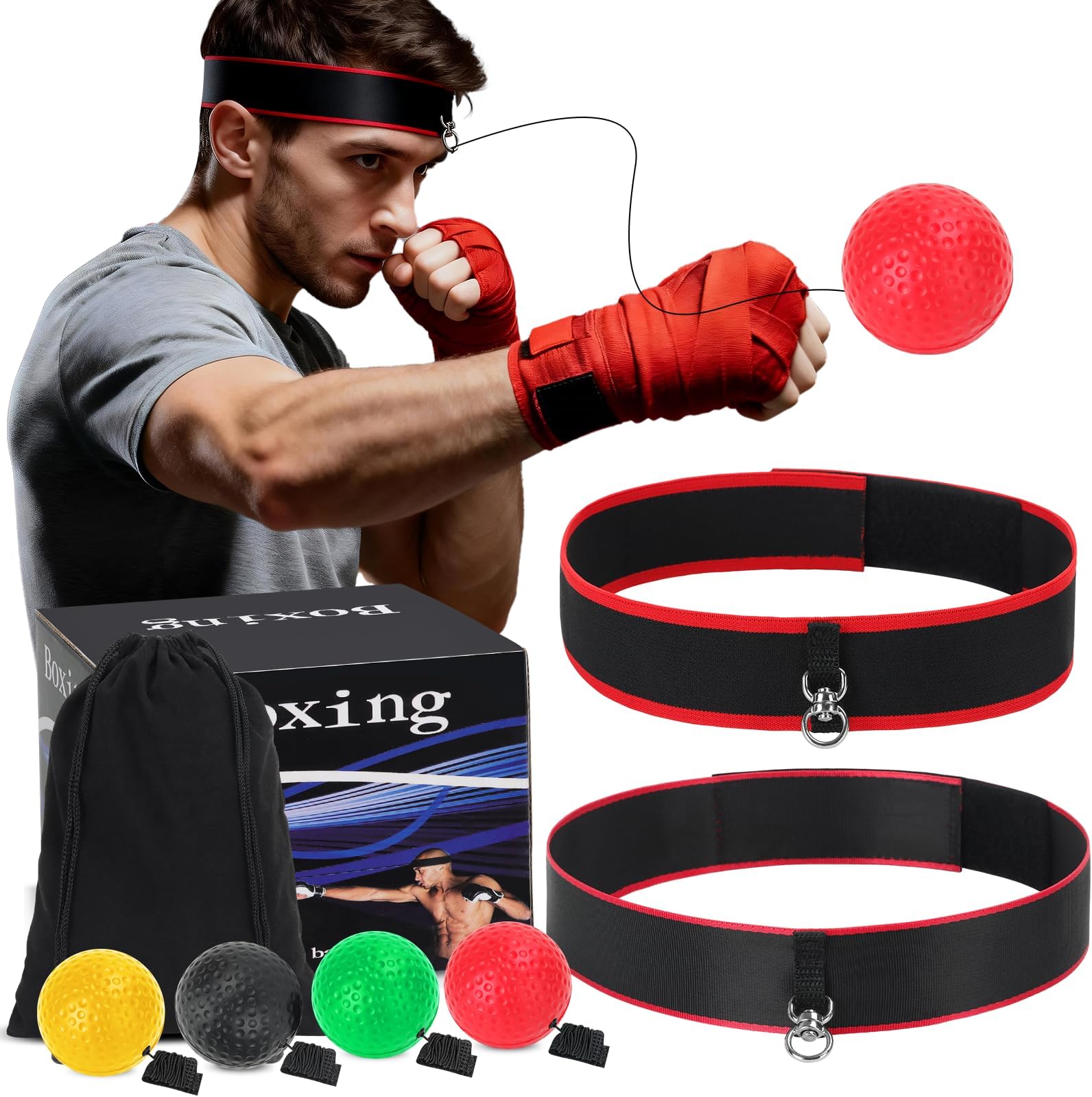 Boxing Reflex Ball Set Boxing Training Ball Kit with 4 Reaction Balls and 2 Headbands Punching Reaction Ball on String Boxing Training Equipment and Gear Boxing Game Boxing Gifts for Men Teens Adults