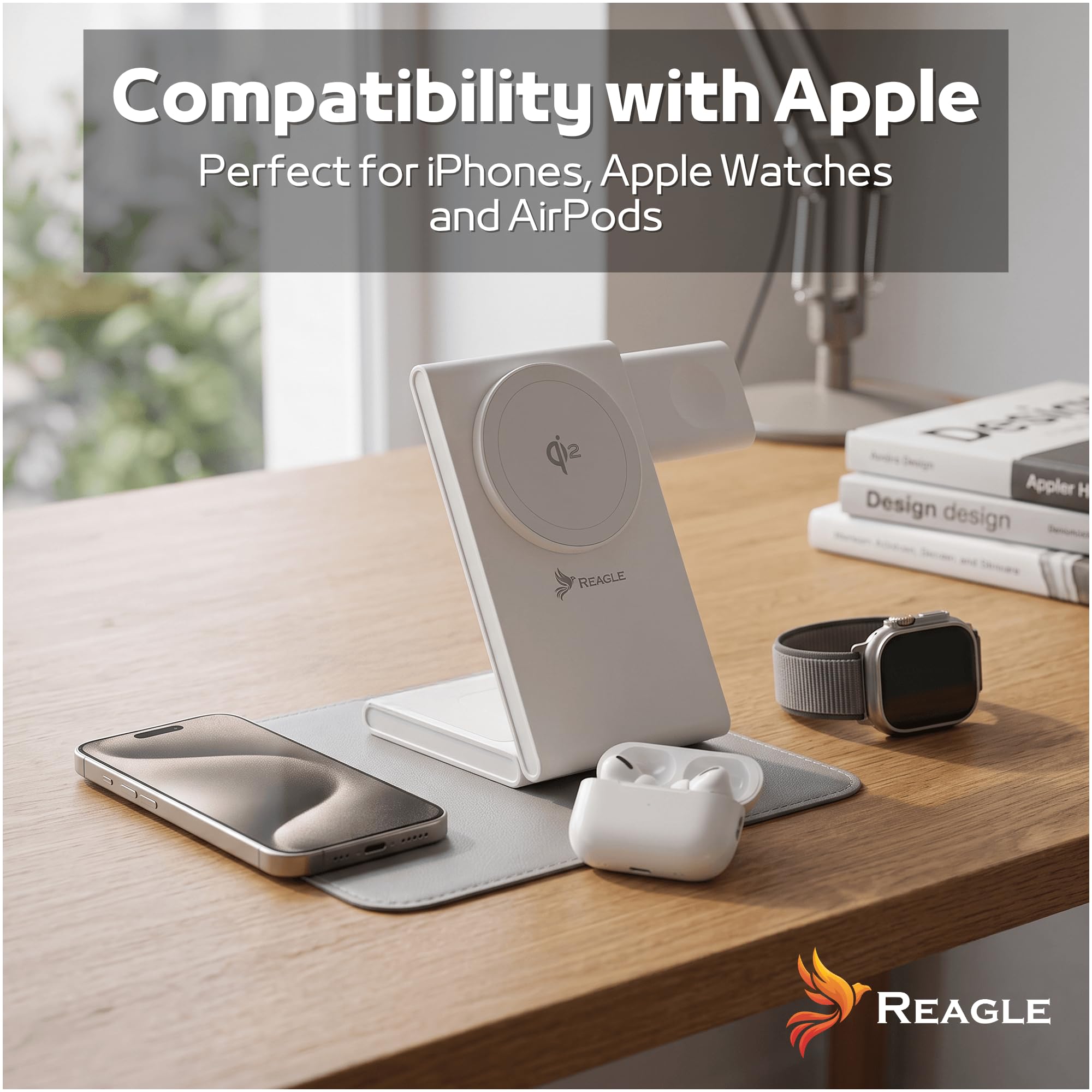 Reagle Ładowarka Bezprzewodowa Qi2 3w1 15W, Magnetyczna Składana Stacja Ładująca do iPhone 17/16/15/14/13/12, Apple Watch, AirPods, Samsung Galaxy i Pixel, Biała