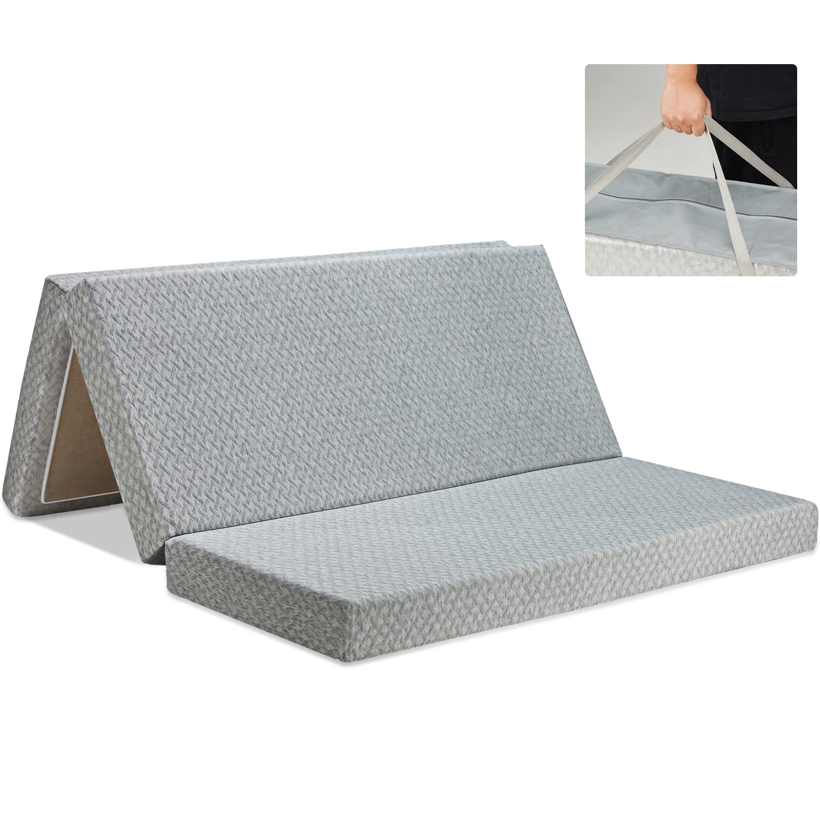 HomguavaFolding Mattress 4" Tri Fold Memory Foam Mattress Foldable Twin Mattress Bed Portable Floor Mattress Topper Camping Mat with Carry Bag for Adults, for Guest Room, Home, RV (Queen, 78"x58"x4")