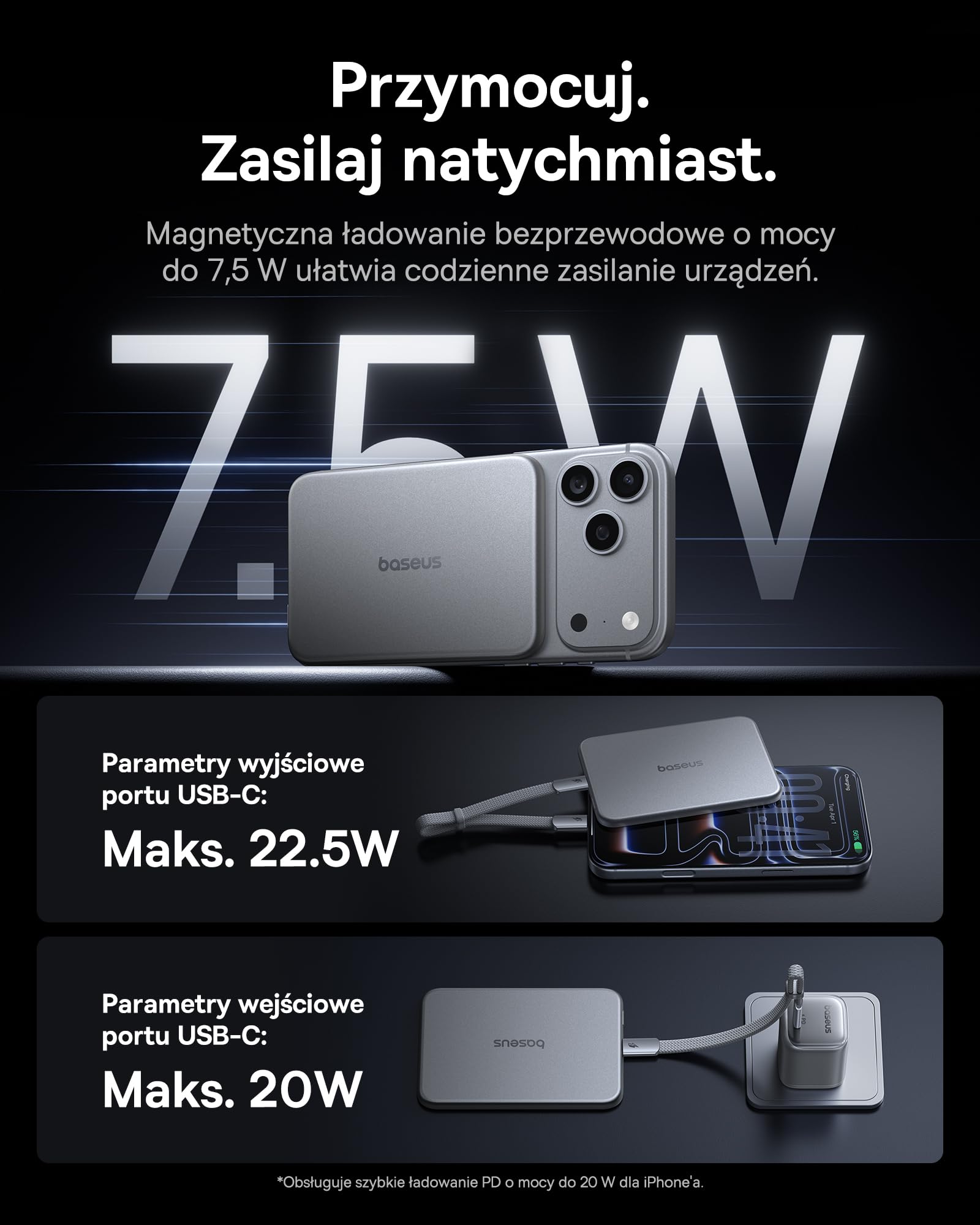 Baseus Picogo Air 0,69 cm Ultra Slim 5000 mAh Magsafe Power Bank, certyfikat CCC, magnetyczna przenośna ładowarka z USB-C, 22,5 W szybkiego ładowania, zewnętrzny akumulator zewnętrzny do iPhone 17/16