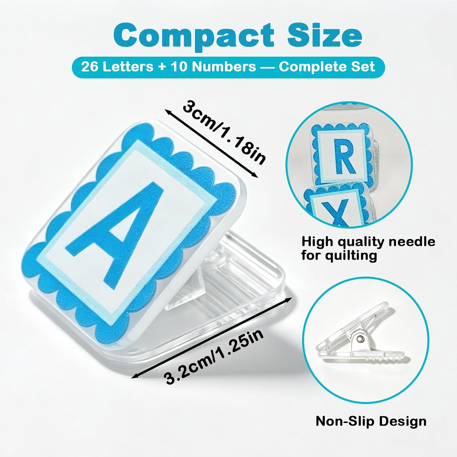 36 Pcs Sewing Clips for Fabric with Storage Box, Blue Quilting Clips with 26 Letters & 10 Numbers, Fabric Clamps for Quilting Supplies Crafts Sewing Notions