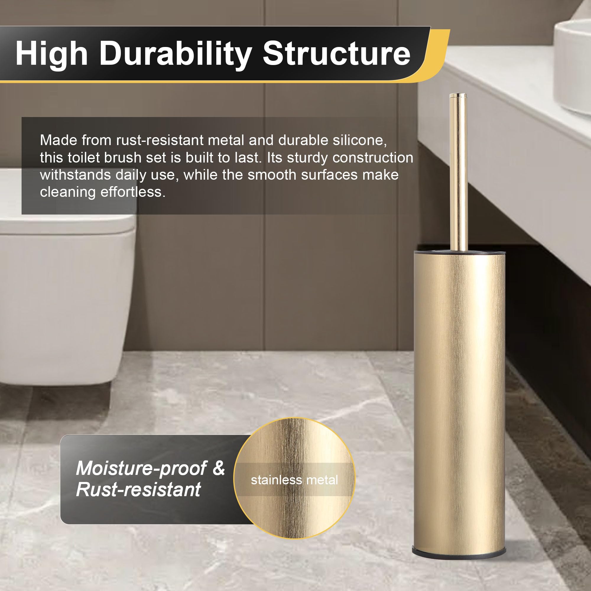DAZI scopino bagno wc metallico, scopino wc dorato spazzolato con 2 spazzolone bagno per una pulizia profonda del lavandino