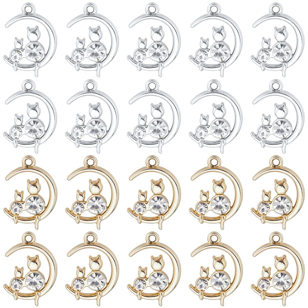 Breloques chat sur lune en argent et demi-lune dorée pour fabrication bijoux et colliers