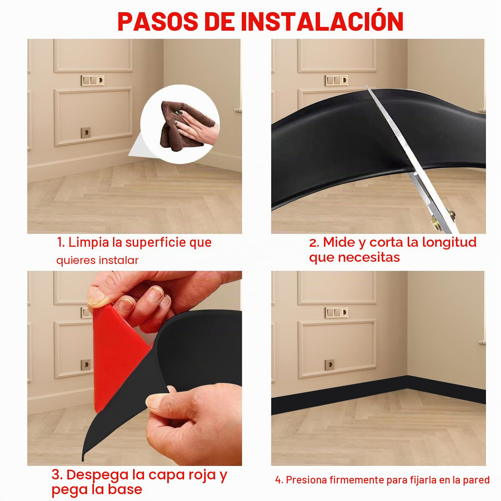 MENAYODA Rodapié blando de PVC, Listón adhesivo de 10 cm de ancho, Listón decorativo flexible con pliegues en forma de S para cubrir juntas en las esquinas (12m, Negro)