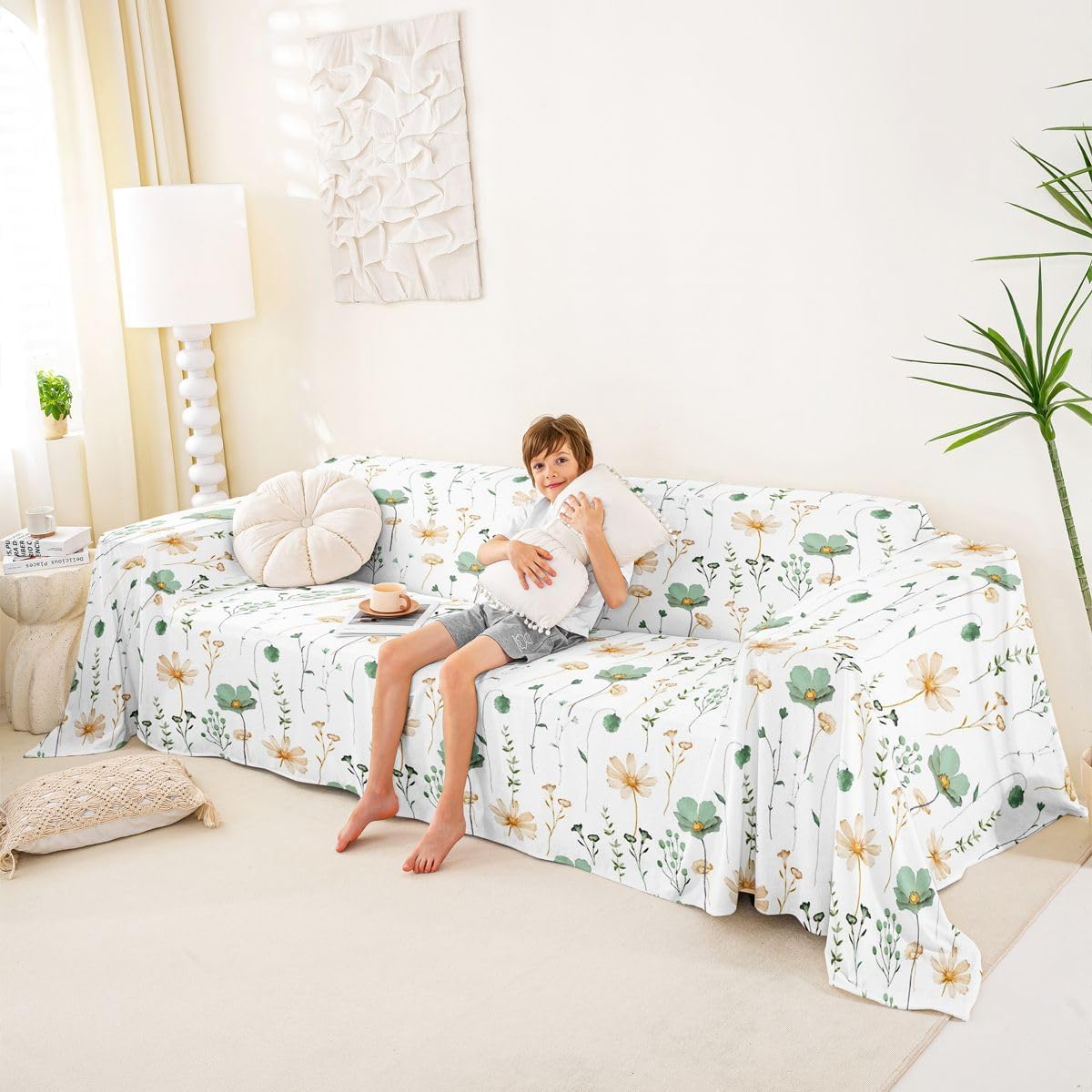 Erosebridal Watercolor Floral Sofa Cover Sage Green Beige Flower Couch Cover Modern Minimalist White Sofa Protector 91" X 118" Rustic Farmhouse Washable Non Slip Couch Protector for Pet Cats Kids