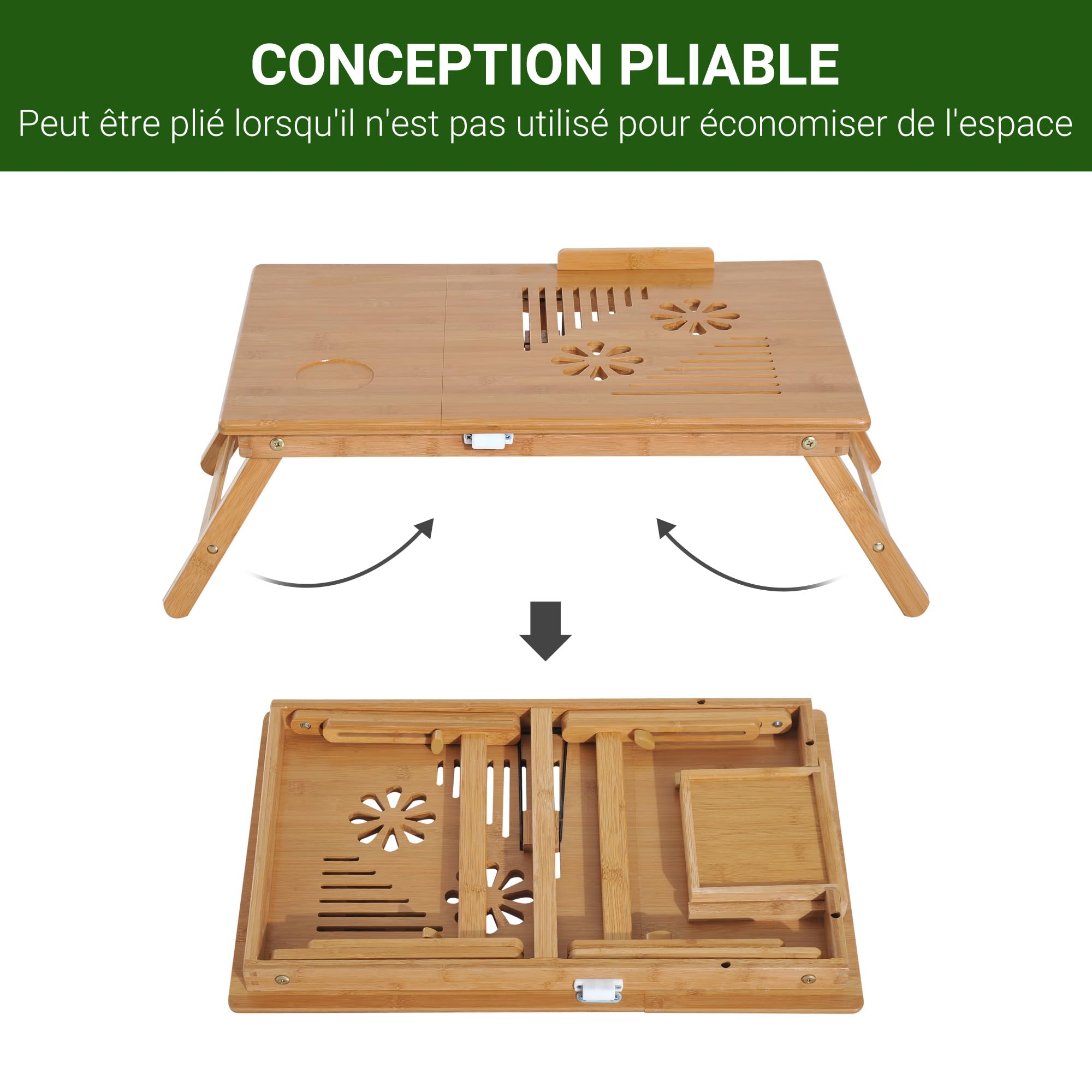 HOMCOM Table de lit, Plateau pour Ordinateur, Table d'appoint en Bois de Bambou, Plateau inclinable, Pliable et réglable en Hauteur avec tiroir, 55 x 35 x 22-32,5 cm, Naturel