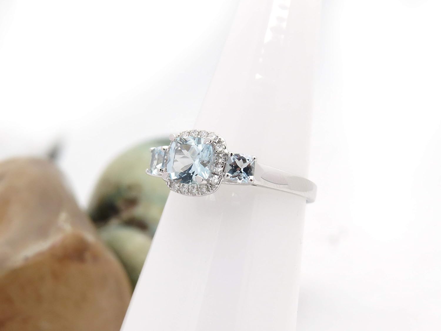 Dazzlingrock Collection Cushion Shape Stone & Round White Natural Diamond 3 Stone Engagement Ring (6mm Center Stone) for Women in 14K White Real Solid Gold