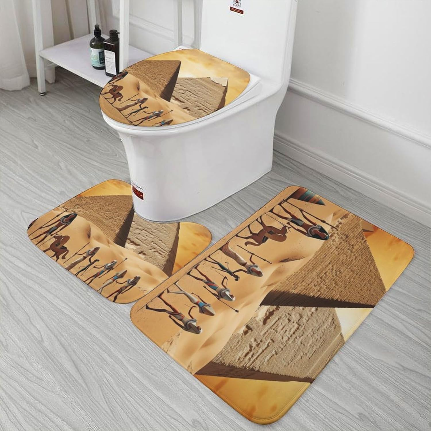 Anti-Skid Floor Mats 3 Piece Set,Ancient Egypt Printed Coral Fleece Bathroom Mats U-Shaped Contour Mat Toilet Seat Cover for Bathroom, Tub, Shower, Kitchen 19.7"x31.5"