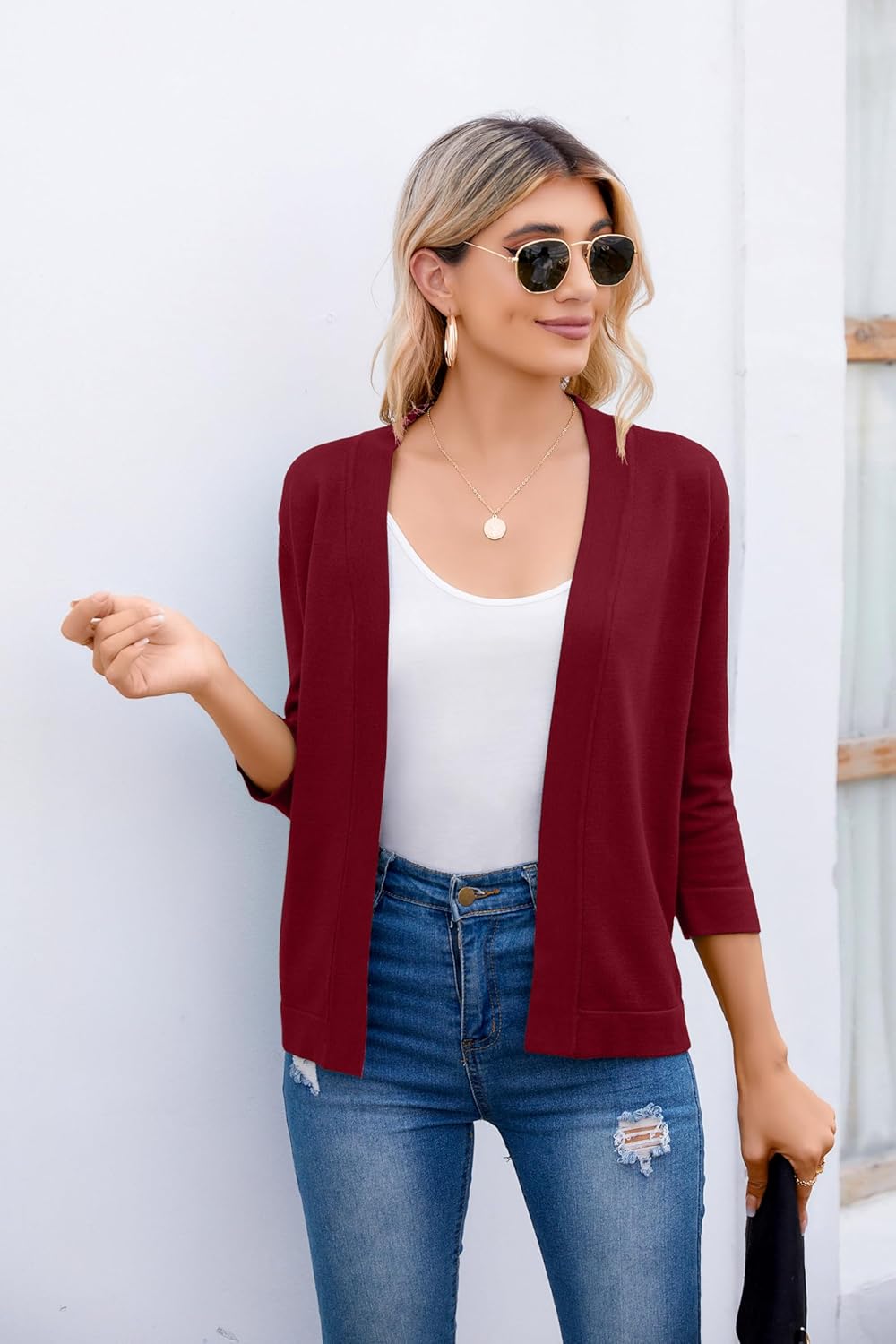 Bettysays Women's 3/4 Sleeve Open Front Cropped Cardigan Sweater Elegant Shrugs for Women - Image 6