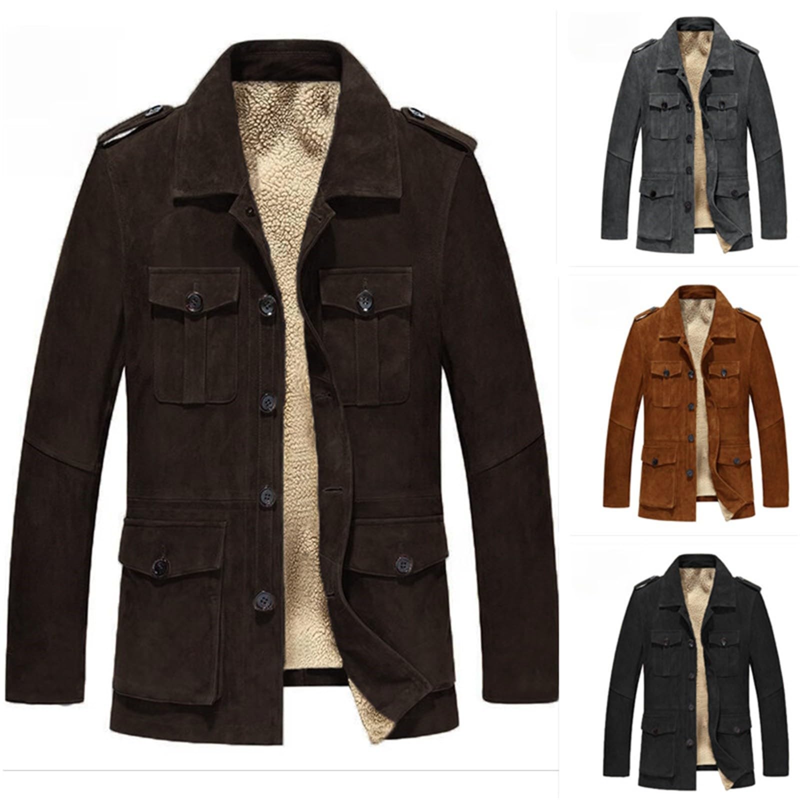 Giacca in pile da uomo, calda, in pelle scamosciata, con molte tasche e bottoni, giacca invernale spessa, foderata, tinta unita, classica, a maniche lunghe