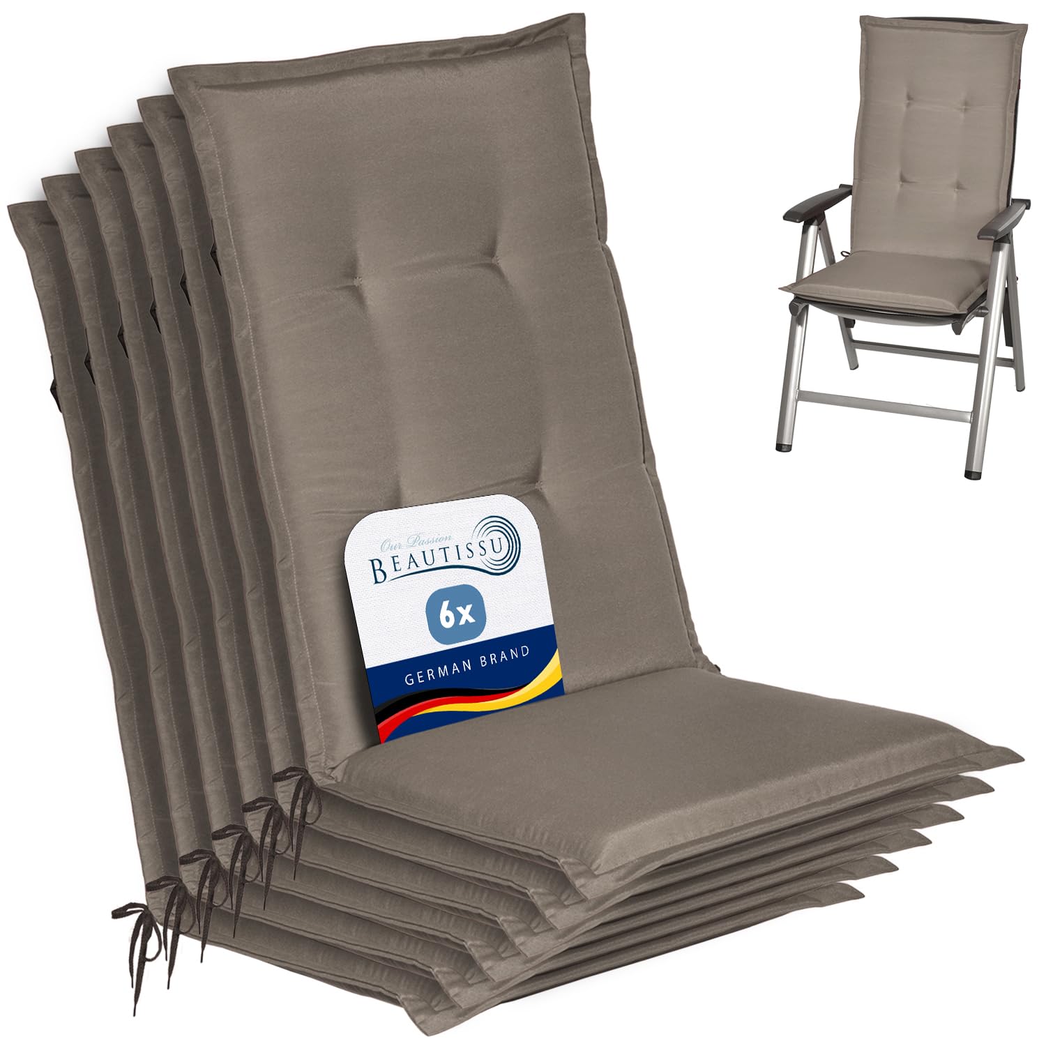 Beautissu Highback Outdoor Chair Cushions Set of 6 for Garden Chairs Seat