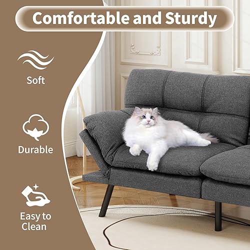 Miniatura 86 de Opoiar Cama con espuma viscoelástica, sofá futón convertible con reposabrazos ajustables, juegos de sofás multifuncionales para apartamento, Gris