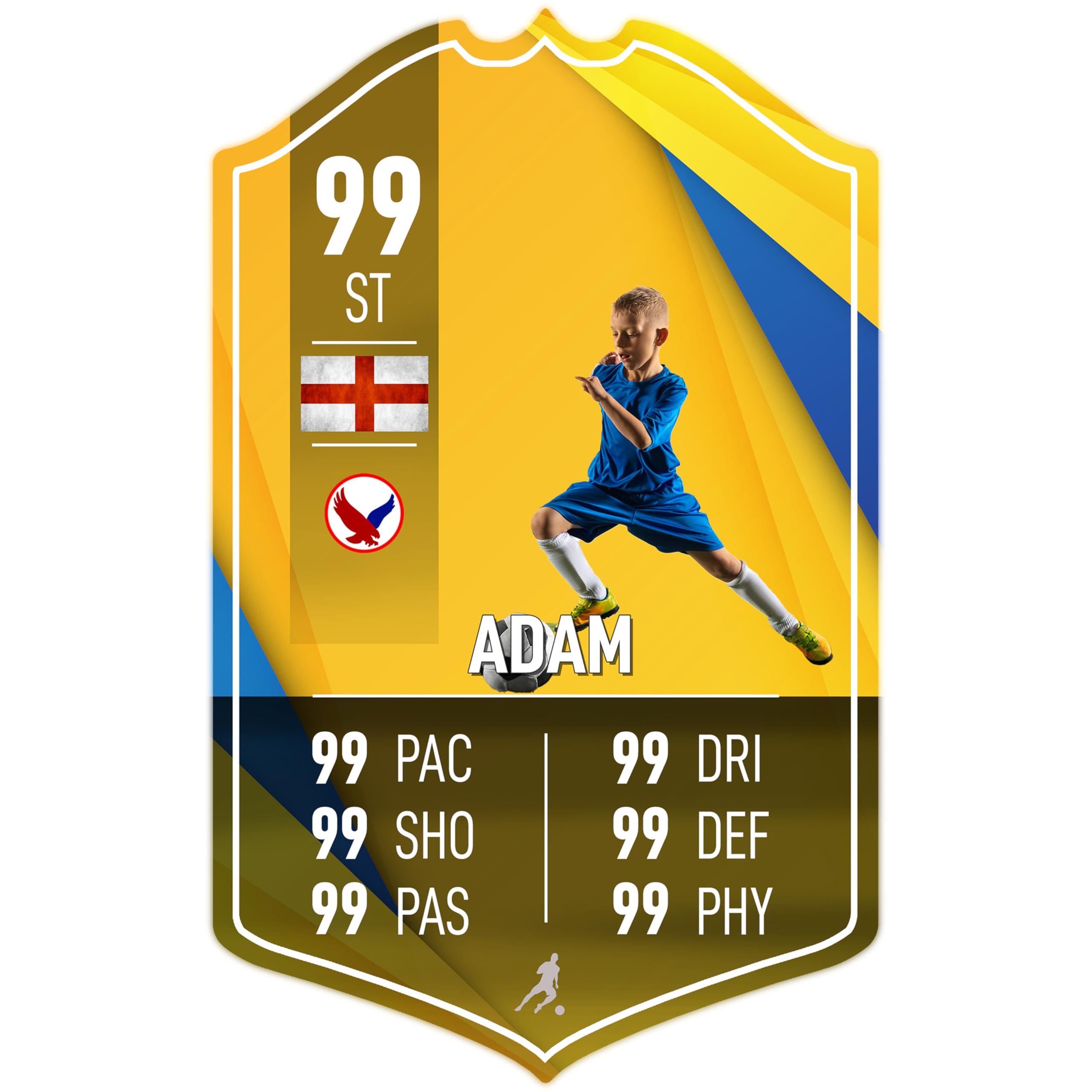 ShopQuality4U Personalise Football Cup Player Stats Card Sign - Yellow Blue Printed Metal Shield Sign Wall Art A4 Player Add Name (28x17cm)