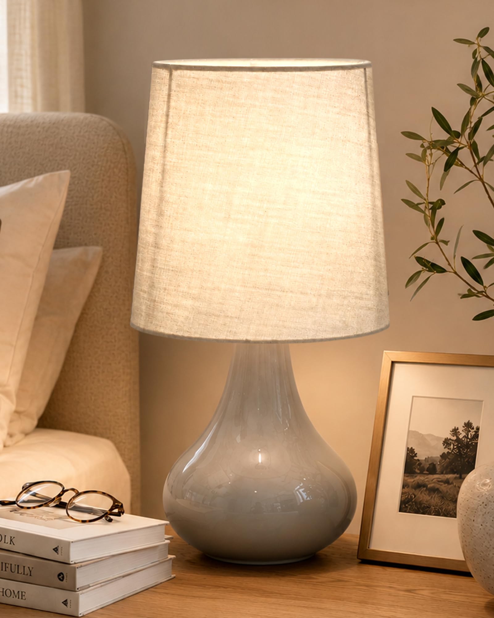 Homesake® Modern Small Ceramic LED Table Lamp, Classic Bedside Desk Lamp for Living Room Bedroom, Farmhouse Nightstand Lamps with Fabric Shade (Gray)