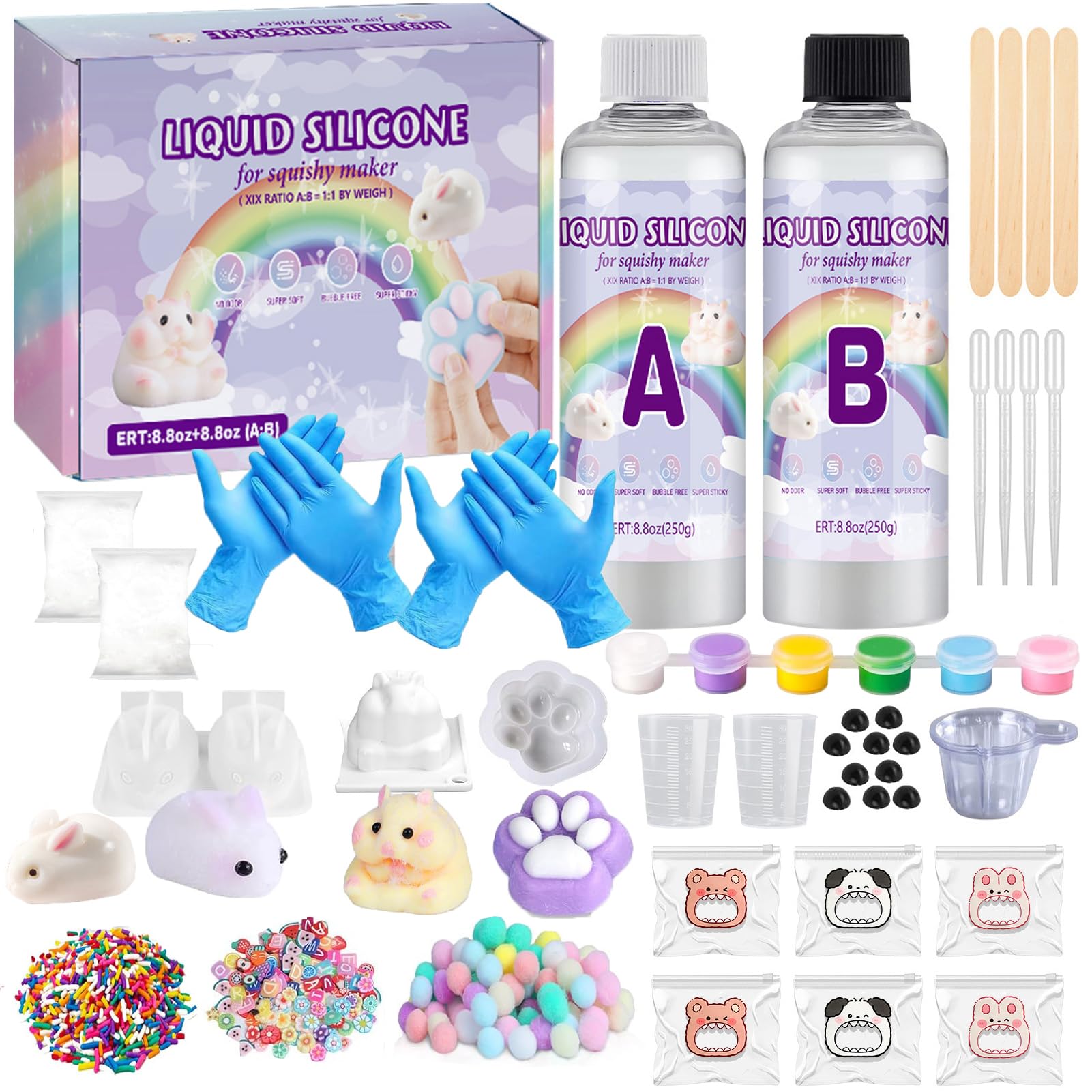 Liquid Silicone for Taba Squishy Kit, 500g 1:1 AB Ratio Epoxy Resin Mix Squishy Making Kit with Moulds Make Your Own Squishies Kit Stress Relief Gifts for Beginners Adult