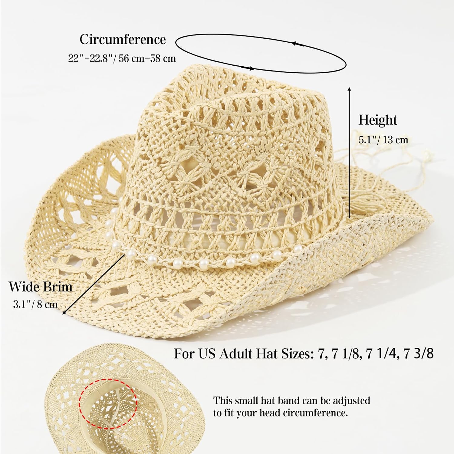 Straw Cowboy Hat for Women, Western Beach Coastal Cowgirl Hat with 2 Replacement Hat Bands, Shapeable Brim Beige