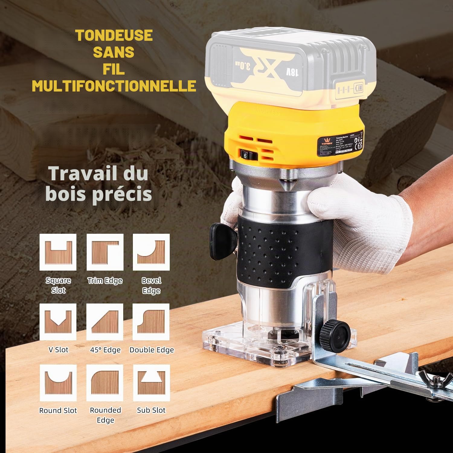 TOPWAY Défonceuse à bois portative sans fil 18 V – Compatible avec la batterie DeWa DCB184, vitesse variable, 3 pinces (1/4 po, 6 mm, 8 mm), base de coupe, sans batterie 102775