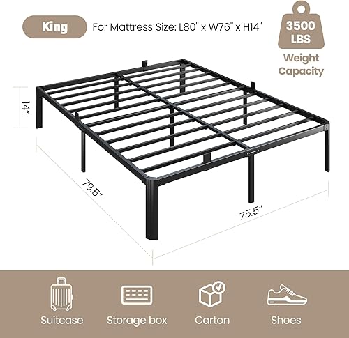 Miniatura 3 de Marco de cama de metal tamaño King, plataforma resistente de 14 pulgadas, 3500 libras, listones de acero sin ruido, no necesita somier, fácil de