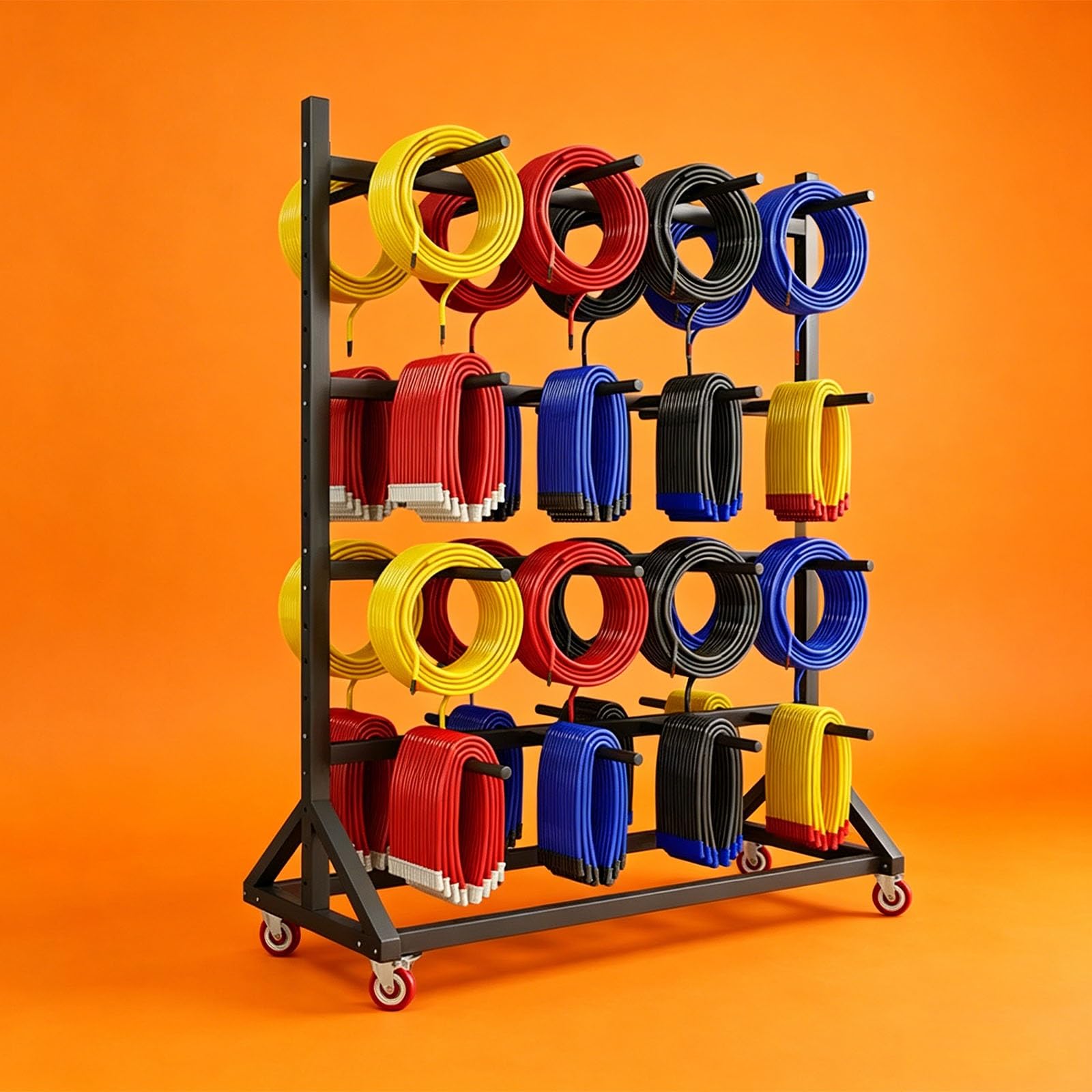 Versatile Wire Spool Rack & Cable Caddy with Wheels – Heavy Duty Steel Mobile Storage Rack, Cable Reel Display Stand for Wiring Reels, Extension Cords, and Retail(A,3-Tier 120X90X200cm)