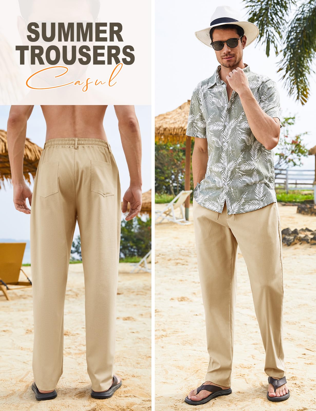 Yuson Girl Pantaloni Lino Uomo Estivi Pantalone da Spiaggia Cotone Pantaloni Leggeri Comodo Allentati Pantaloni Lunghi Casual Vita Elasticizzata Pantaloni con Coulisse e Tasches