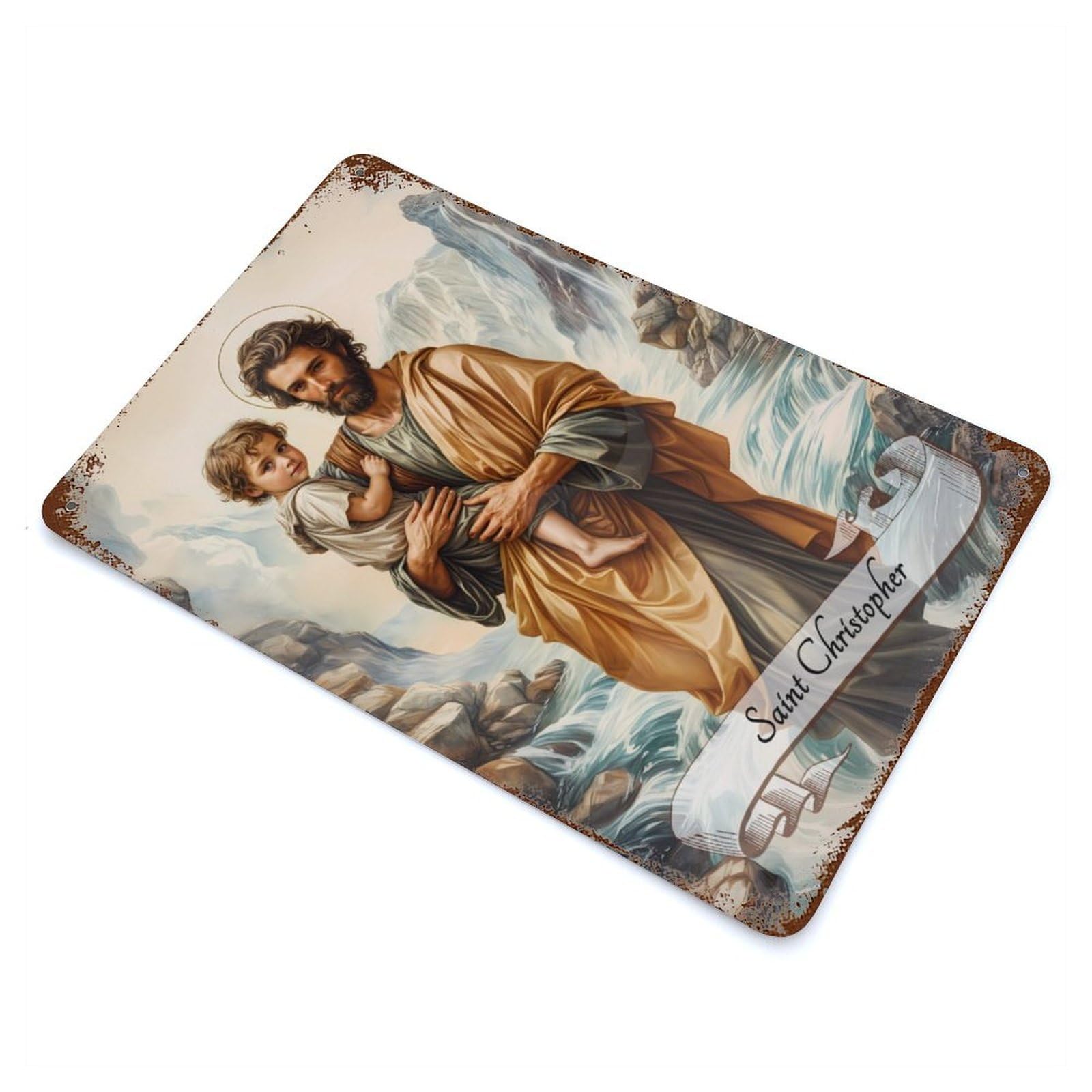 Decorative Tin Sign Saint Christopher 11.8"x7.9", Novelty Wall Decor for Shed, Workshop And Garage Wall Decor