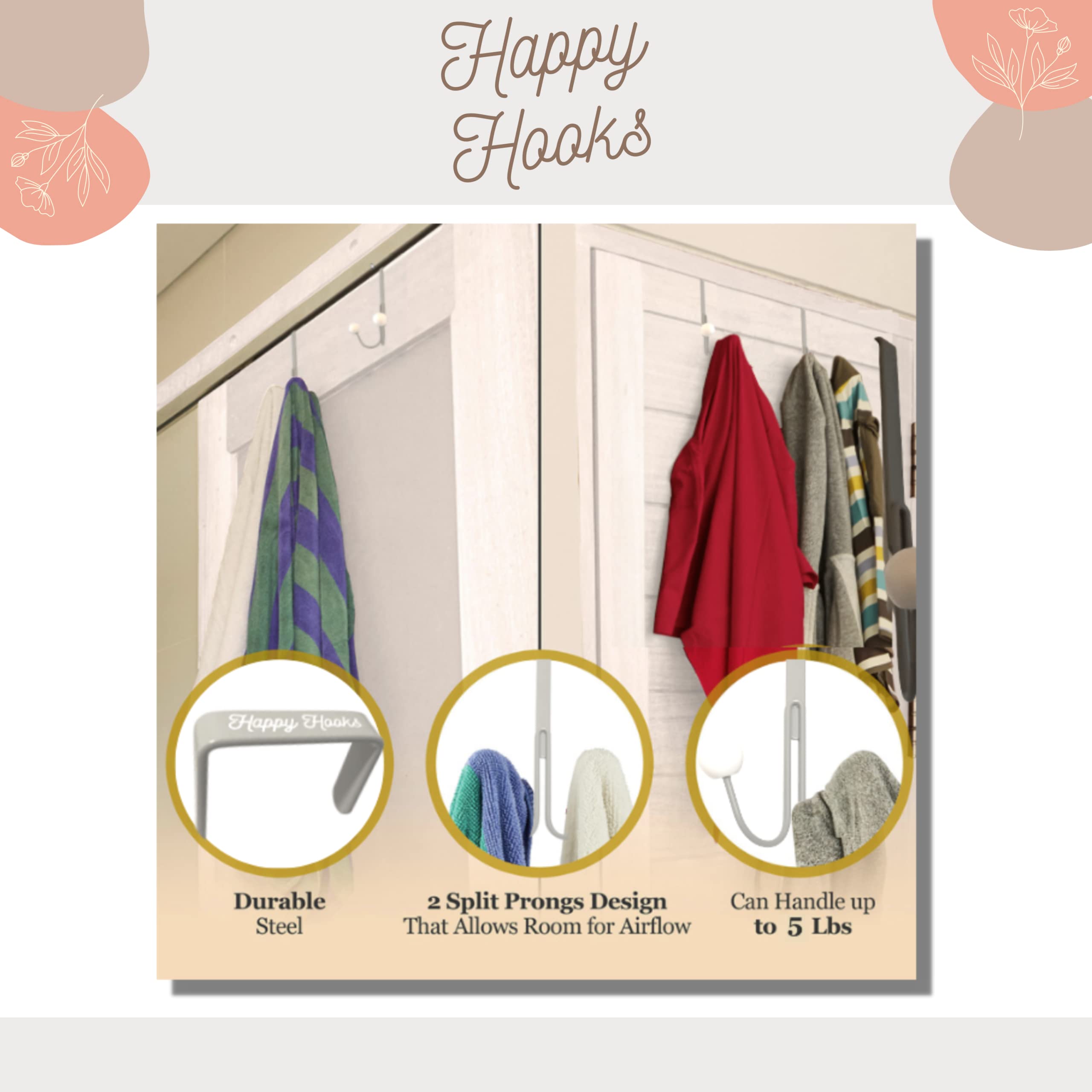 Happy Hooks Over-Door Hanger Hooks - 2 Pack, Adhesive-Free Towel & Clothes Hooks For Bathroom, Bedroom, Closet (Light Gray)