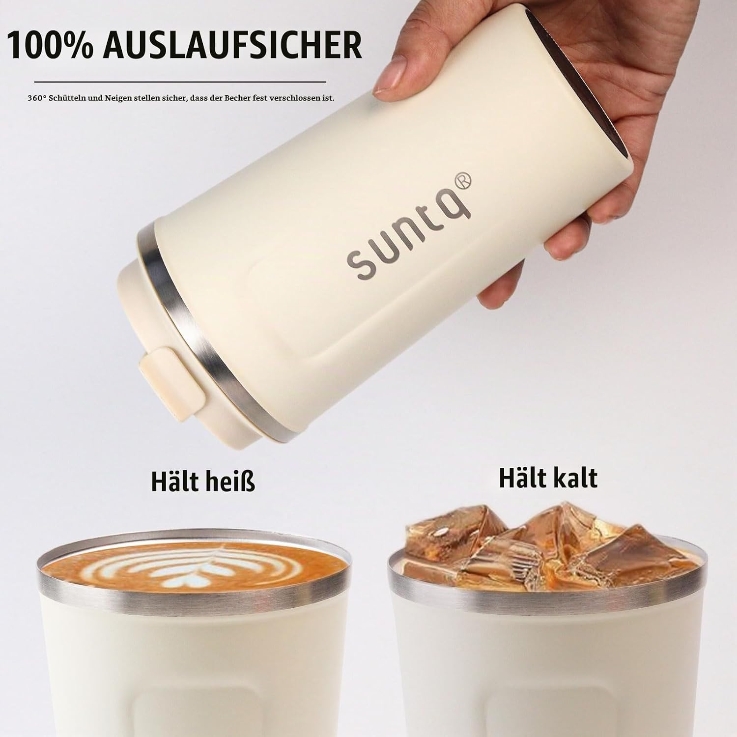 Suntq Stainless Steel Coffee Mug to Go, Thermal Mug, Double Wall Insulated – Coffee Cup with Leak-proof Lid, Reusable – Ivory, 510 ml – Bild 4
