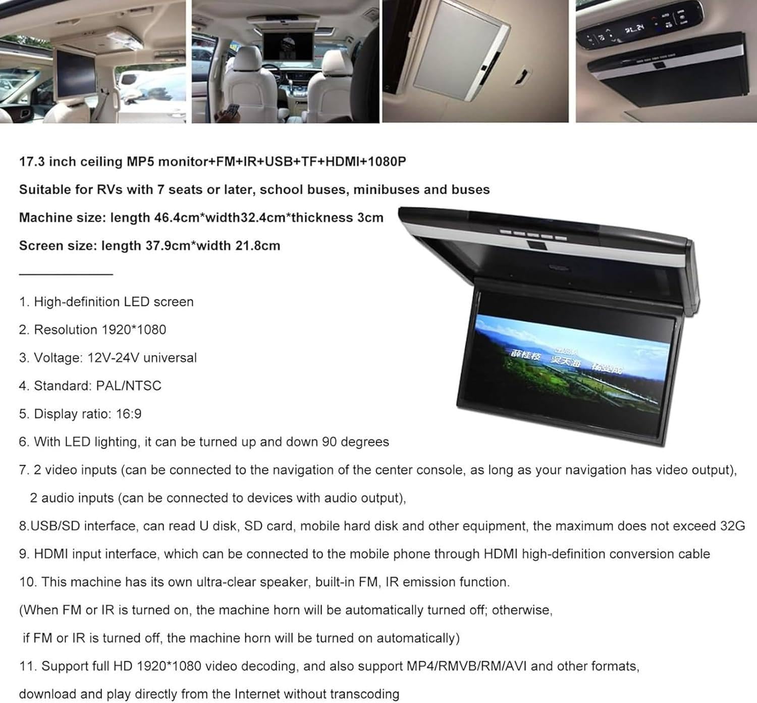 Reproductor de Techo para Automóvil, Montaje en el Techo Monitor Abatible hacia Abajo, 17.3In IPS 1080P WiFi Bluetooth Monitor de Automóvil Abatible hacia Abajo Soporte Android Hdmi AV FM USB,Black