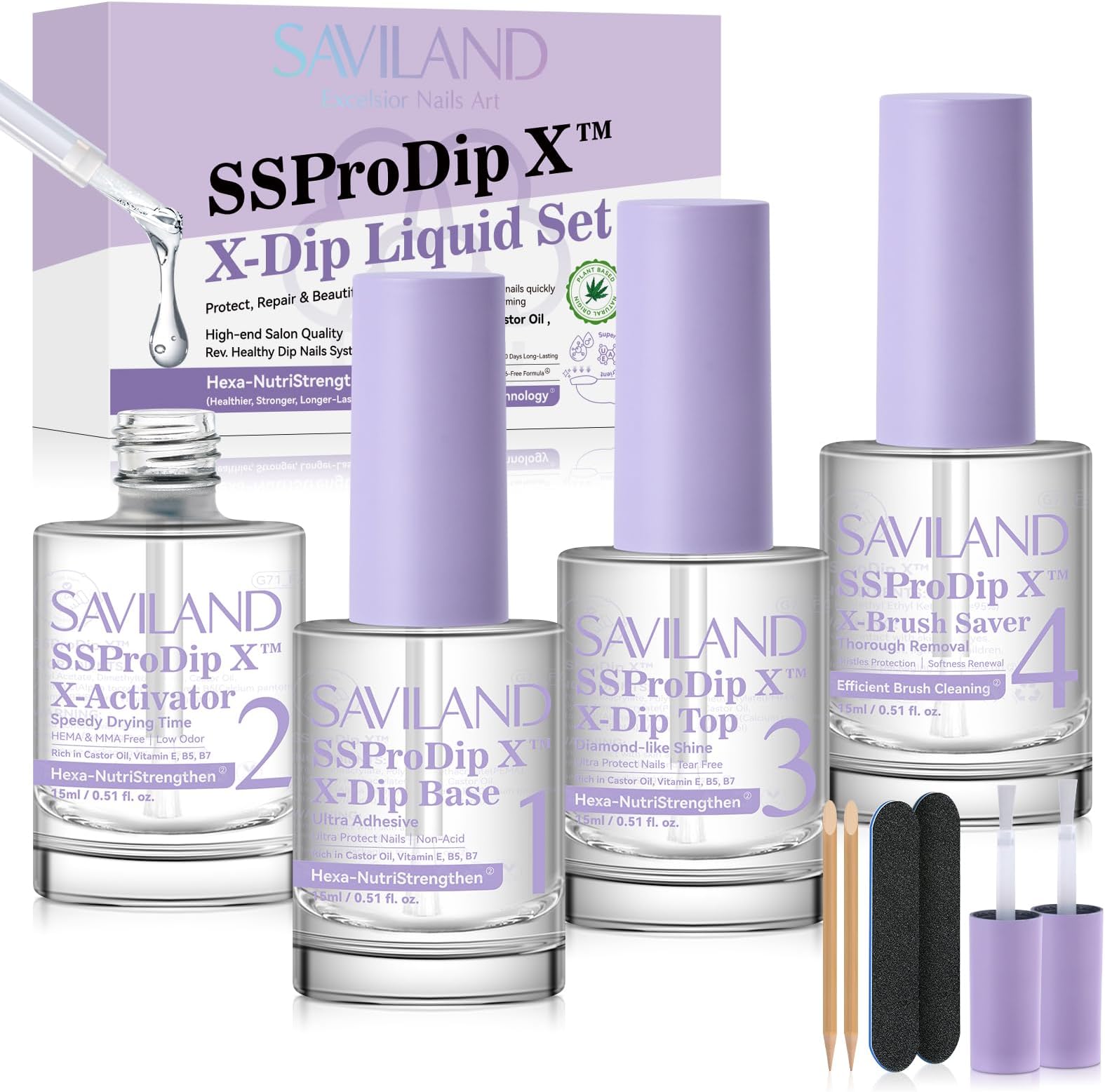 SAVILAND Dip Powder Liquid Set: 15ml Nail Kit With Base Top Activator, Brush Saver, Castor Oil, VE, VB5, VB7 for DIY Salon Art