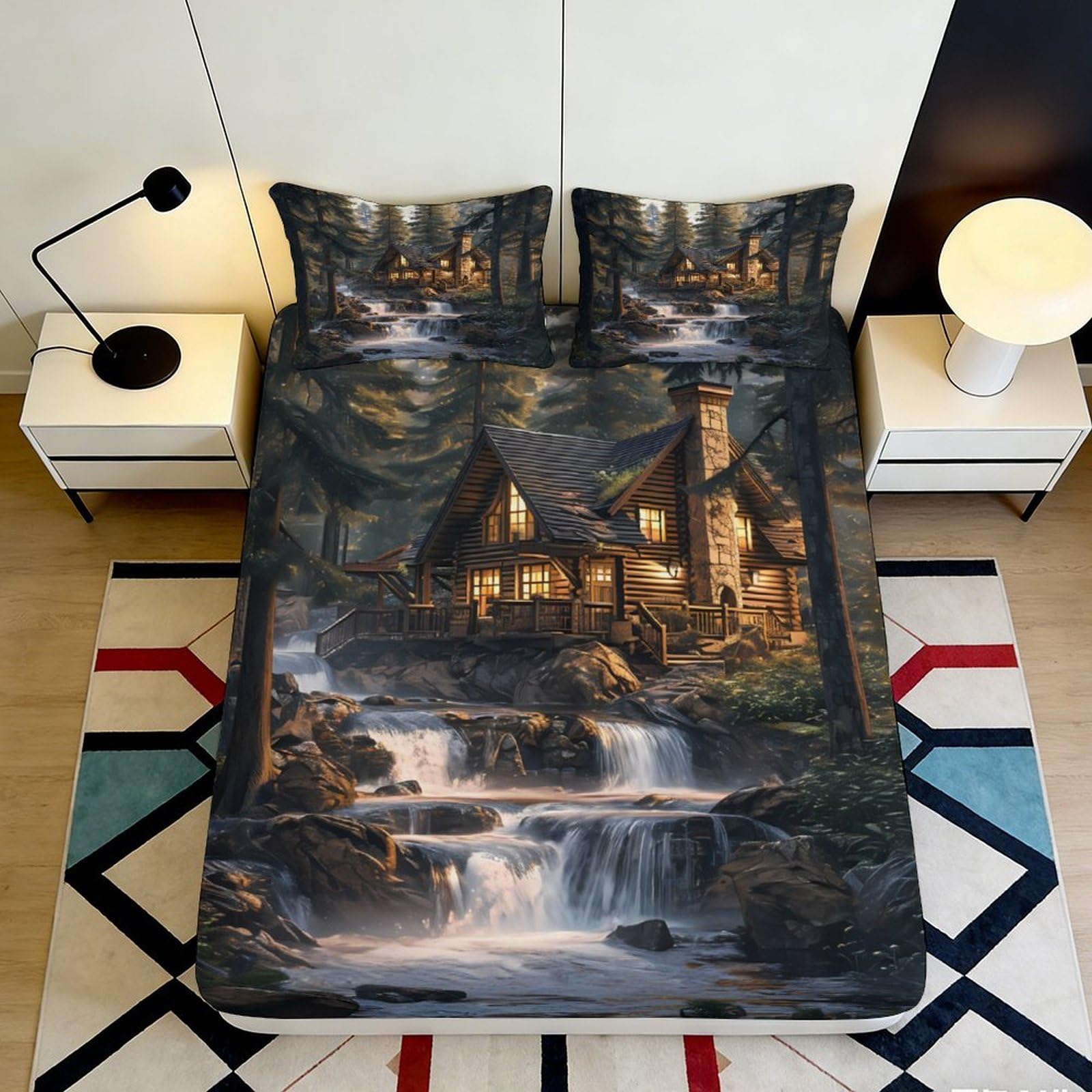 3D Printed Cottage Waterfall Fitted Sheet Microfiber Scenic Forest Bed Cover for Bedroom Guest Room Home Decor 90x200x25cm