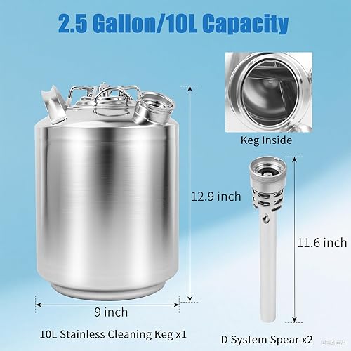 Miniatura 5 de Kit de limpieza de línea de cerveza inoxidable de 2.5 galones con lanzas 2 D para montaje de acoplador D, kit de limpieza eficiente de línea de