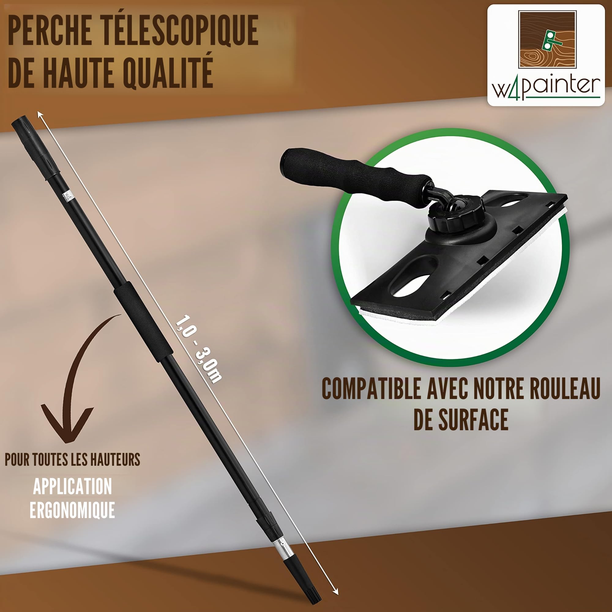 Manche télescopique 3m - Manche télescopique universel - Manche télescopique en aluminium extensible - Idéal pour le nettoyage des piscines, les rouleaux de peinture, le nettoyage des vitres, W4