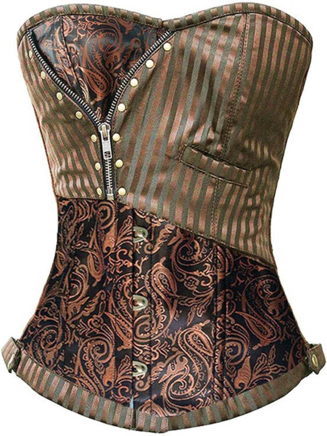 Miss Brown Corsets and bustiers Steampunk Corset Top Waist Gothic Clothing Corselet Brocade Zip Patchwork S-2XL(Dark Red,Large)