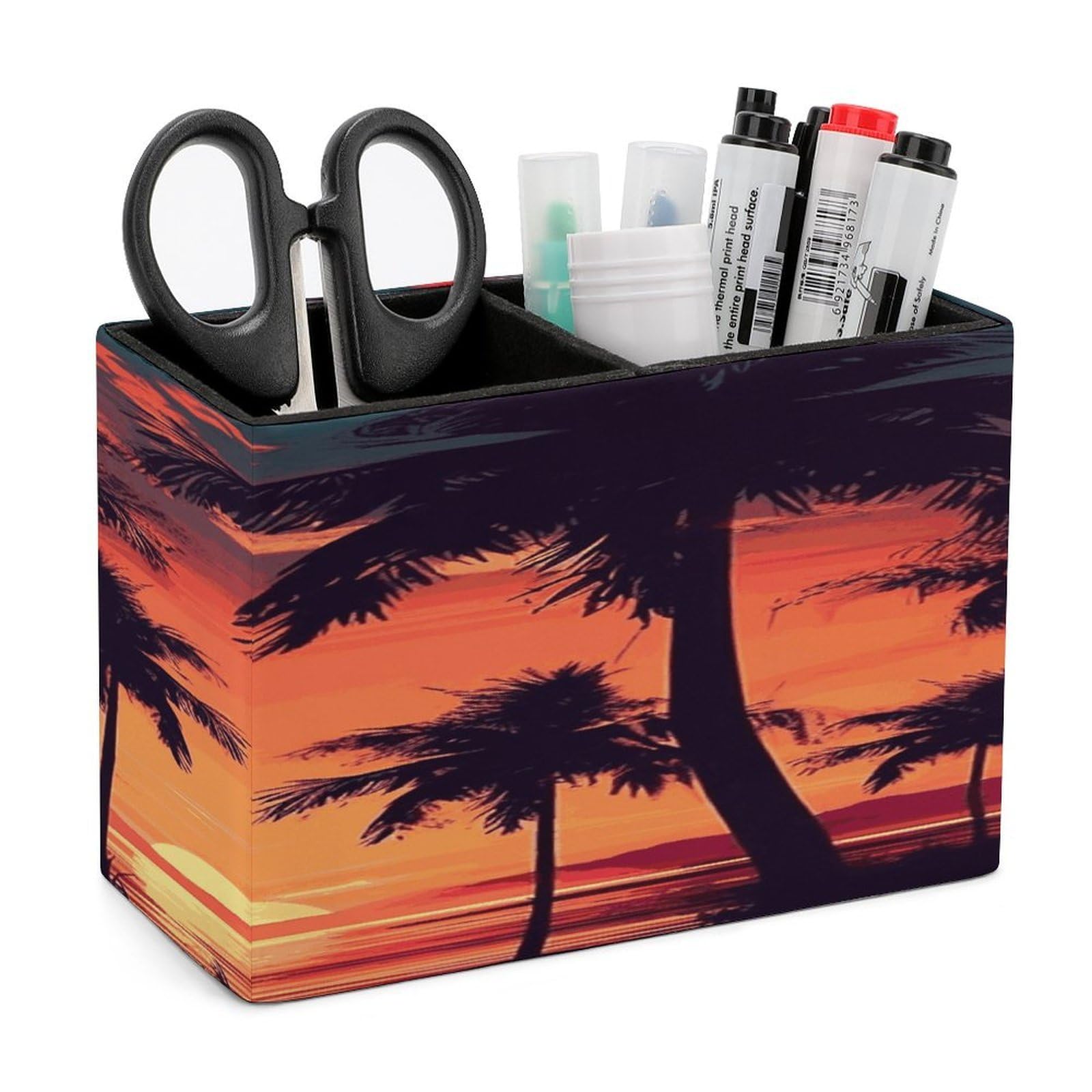 LDGSUPH Palm Tree Summer Sunset Leather Pen Holder for Desk Organizer Caddy Large Pencil Cup Multi-function Pencil Holder Makeup Brush Holders Pen Organizer for Home Office Storage Box