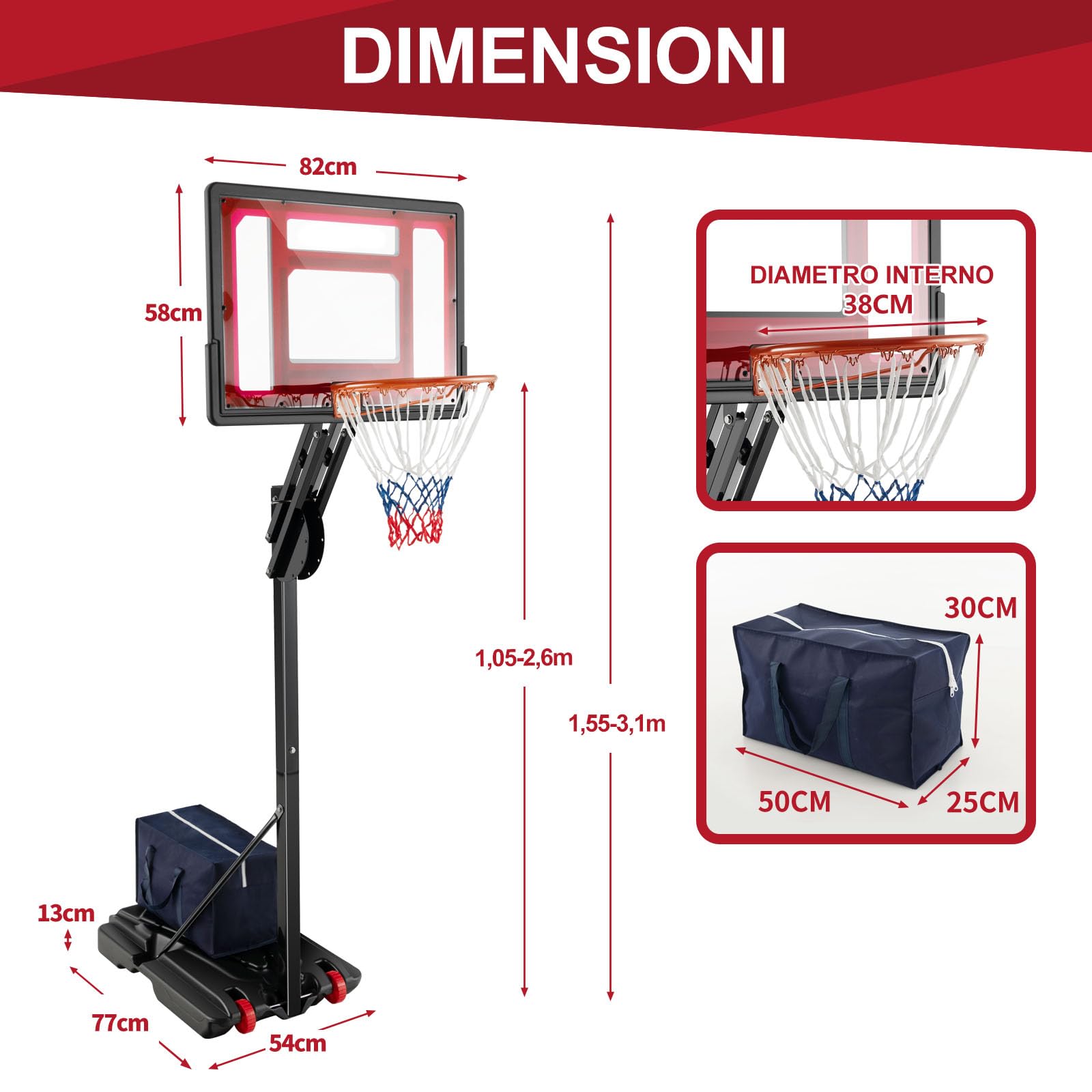 GYMAX Canestro Basket Portatile, Canestro da Basket Regolabile in Altezza 155-310 CM inclusi Pallone da Basket e una Pompa, con Tabellone Infrangibile 2 Ruote Base e Borsa, per Bambini e Adulti