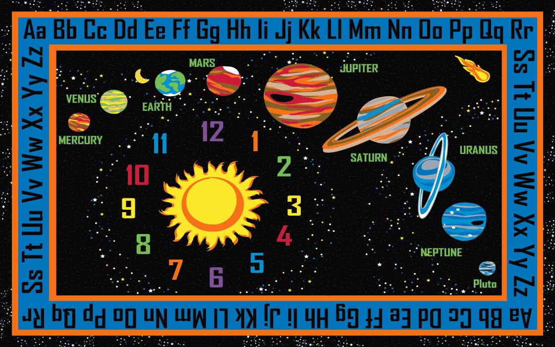 KIDCARPET.COM Outer Space Rectangle Classroom Rug | Bordered Area Rug for Preschool Daycare Learning, 7'6" x 12'