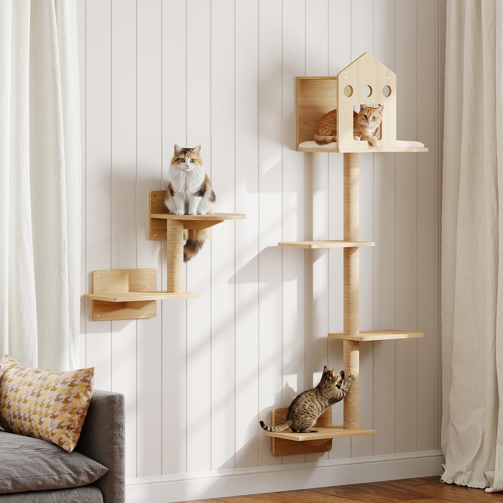 HOOBRO Cat Wall Shelves, Set of 2 Cat Wall Furniture, Wood Wall Mounted Cat Shelves with House, Steps, Scratching Posts and Perch, Space-Saving Shelves for Indoor Cats, Natural NL47CS03