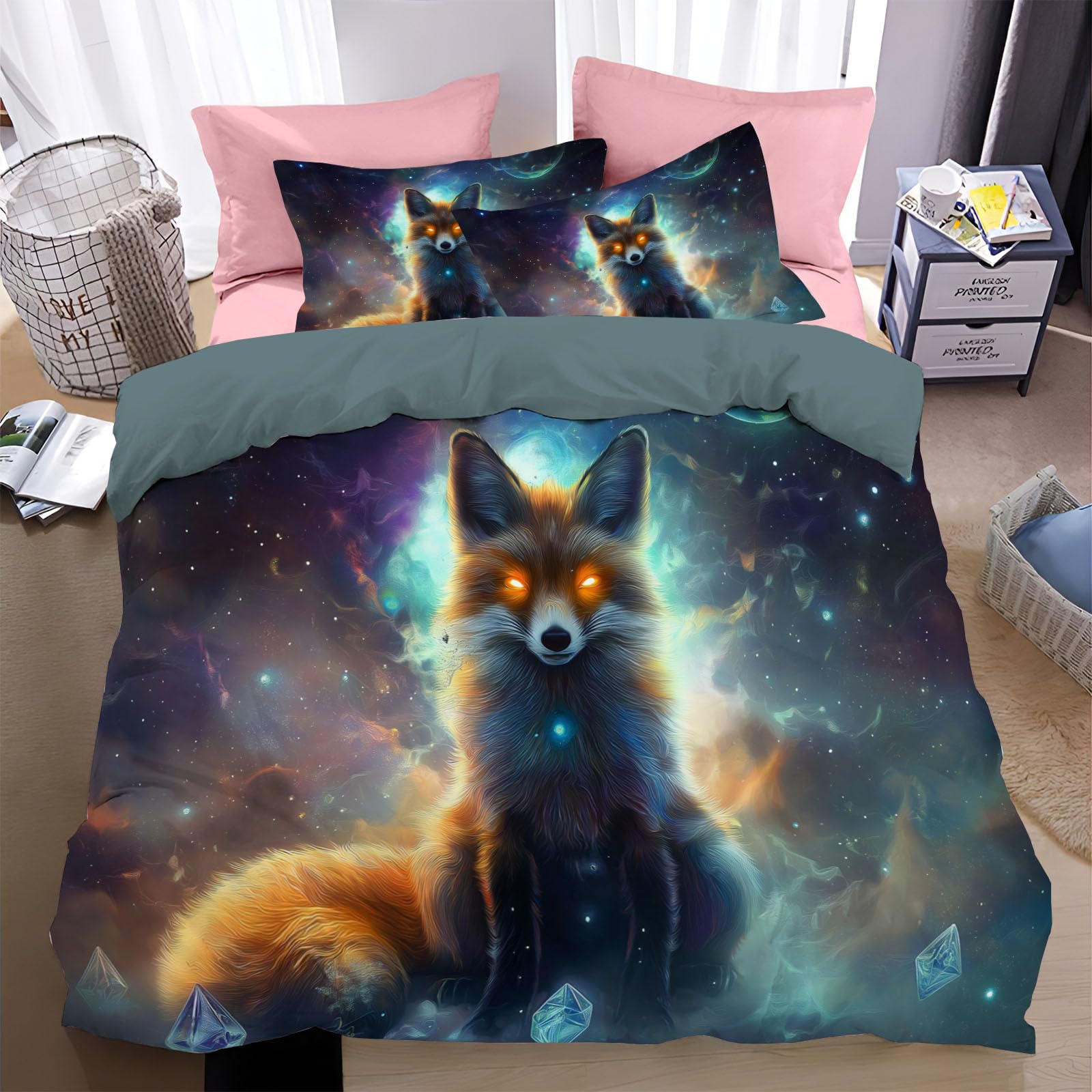 Parure de lit renard et étoiles 200x200cm crée une ambiance céleste et apaisante dans la chambre