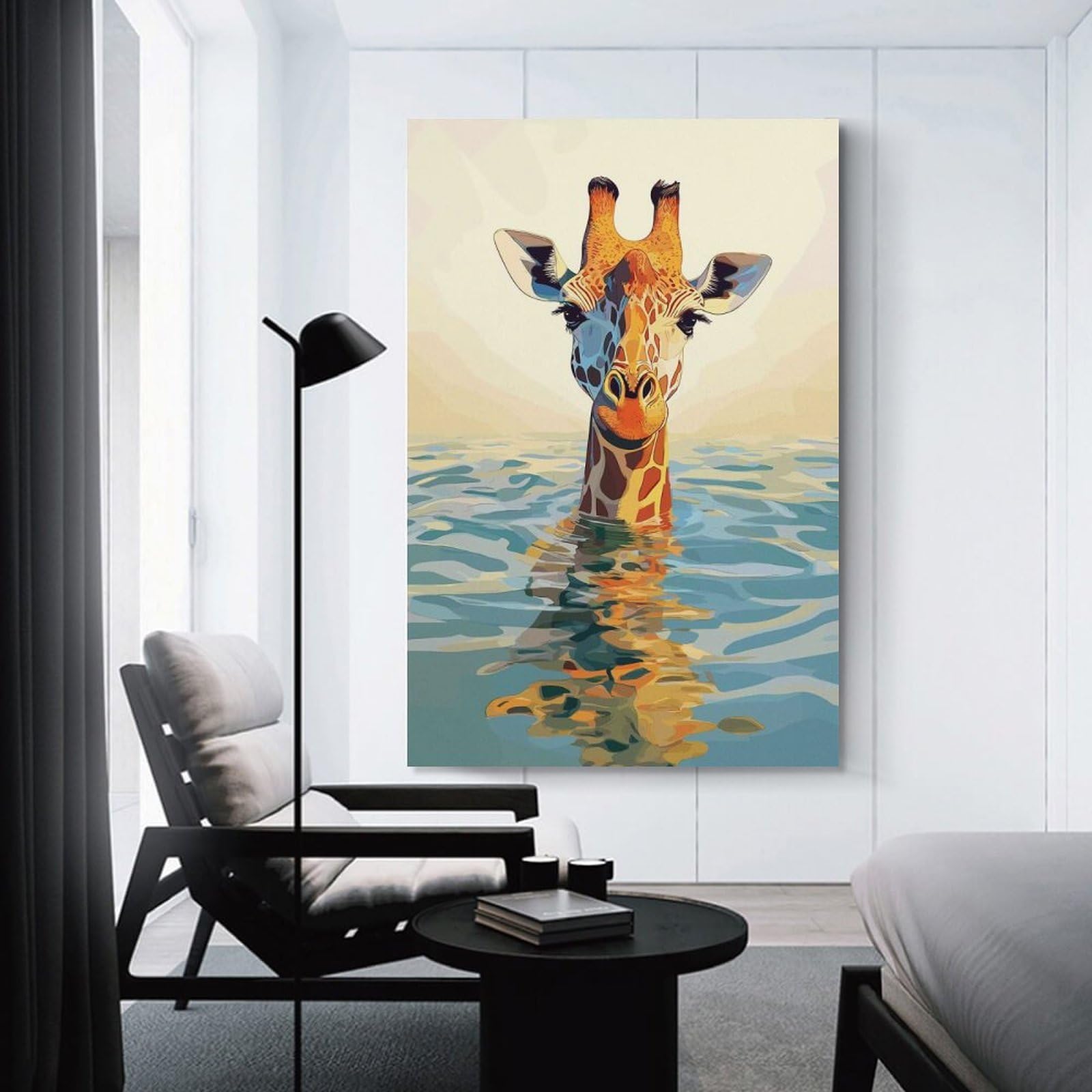 Junmoney Giraffe in Water Digital Art Canvas Wall Decor, 24x36inch(60x90cm), for Bedroom, Guest Room Or Reading Nook, Canvas Wall Decor for Personal Spaces