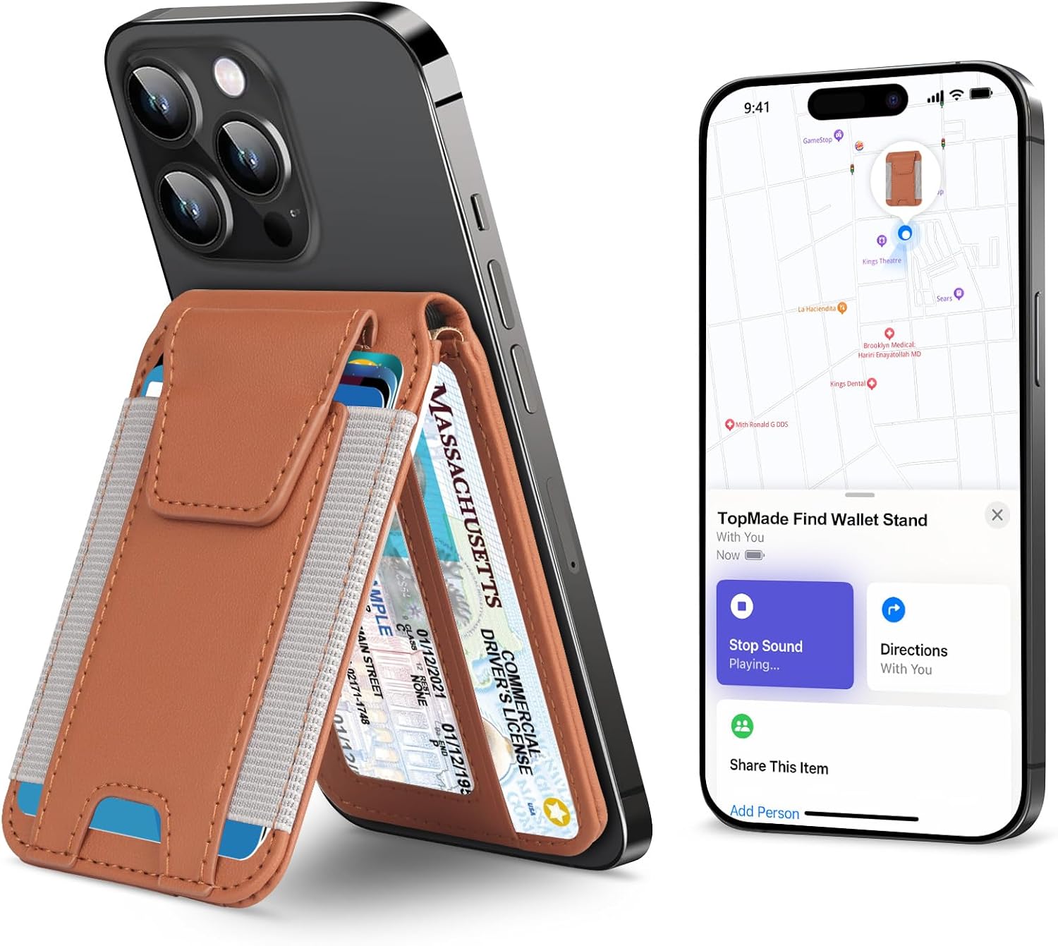 Product image of TopMade for Magsafe Wallet, Works with Apple Find My, Strongest Magnetic Wallet for iPhone 17/16/15/14/13/12 Series, Mganetic Card Holder with Adjustable Stand, 9 Cards Holder, Brown