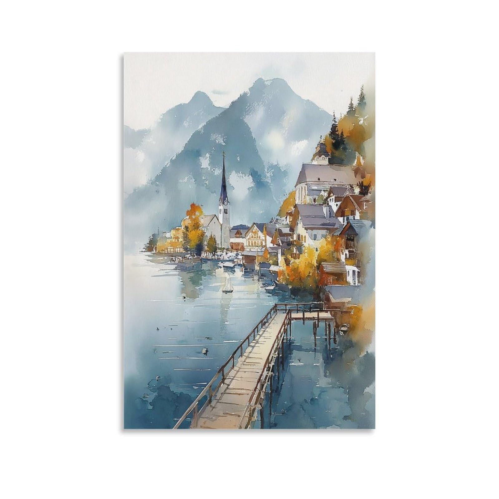 Cnaheiz Unframe-Style Skagway Alaska Watercolor Painting Coastal Town Art Print Posters 20X30inch(50X75cm) Vintage Watercolor Canvas Art