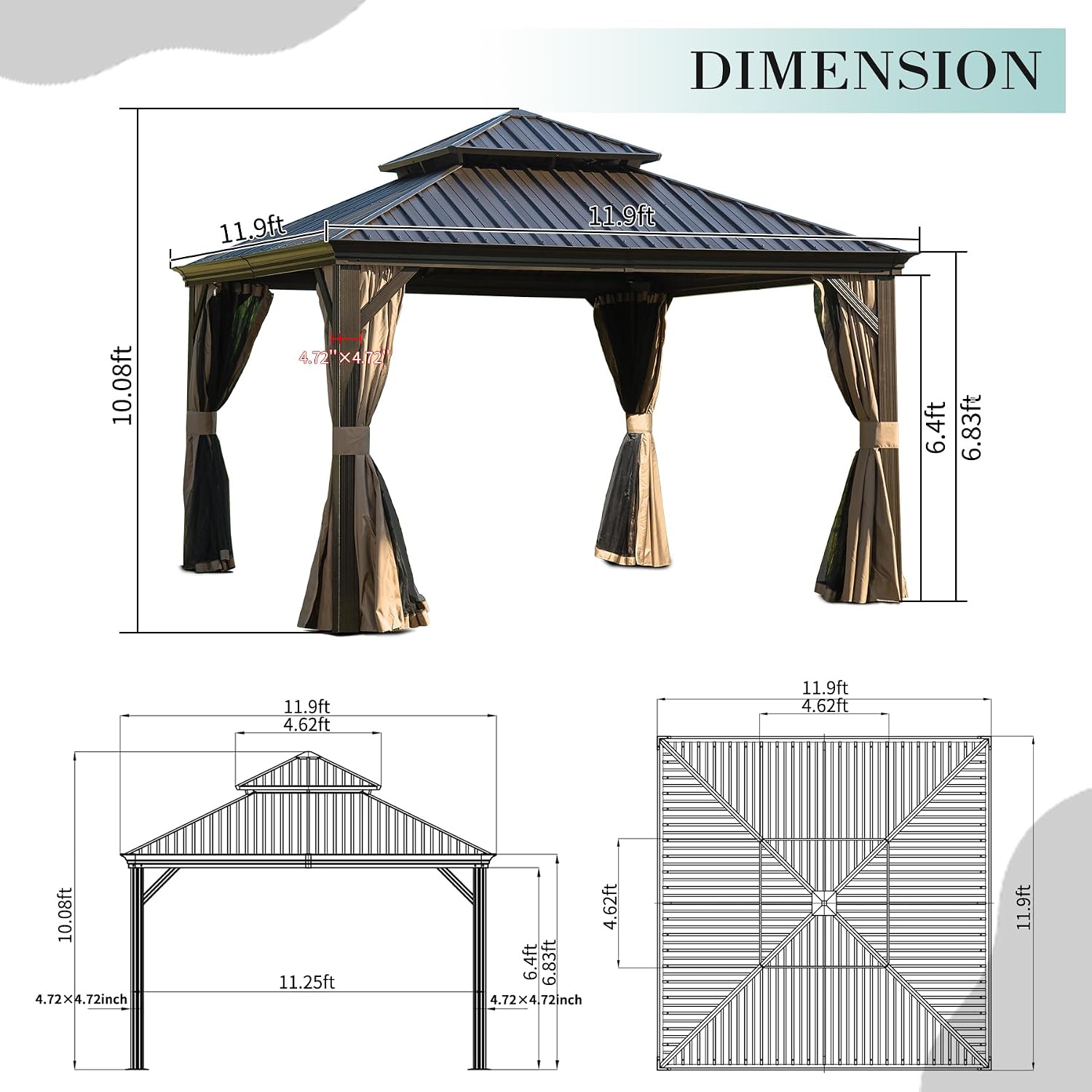 Comparison of gazebo post sizes, highlighting the 4.7 inch x 4.7 inch strong post of the Domi gazebo.