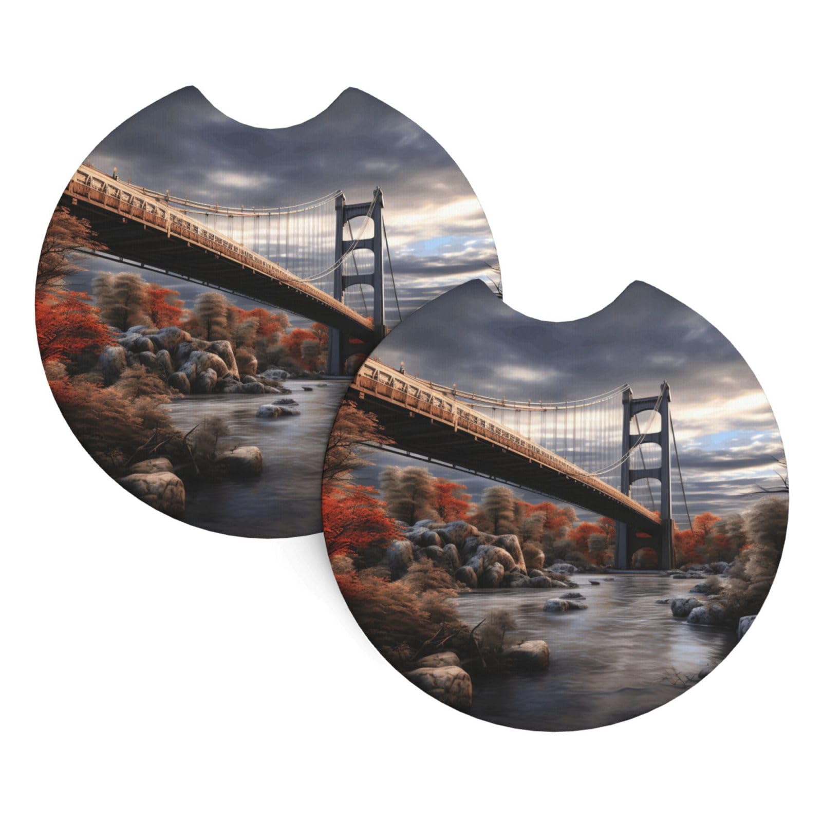 2PCS Car Coaster for Cup Holders Universal Auto Cup Mat Scenery Bridge Cup Coaster Pad 2.7" Waterproof Neoprene Non-Slip Cup Holder Coasters Car Interior Accessories for Women Men