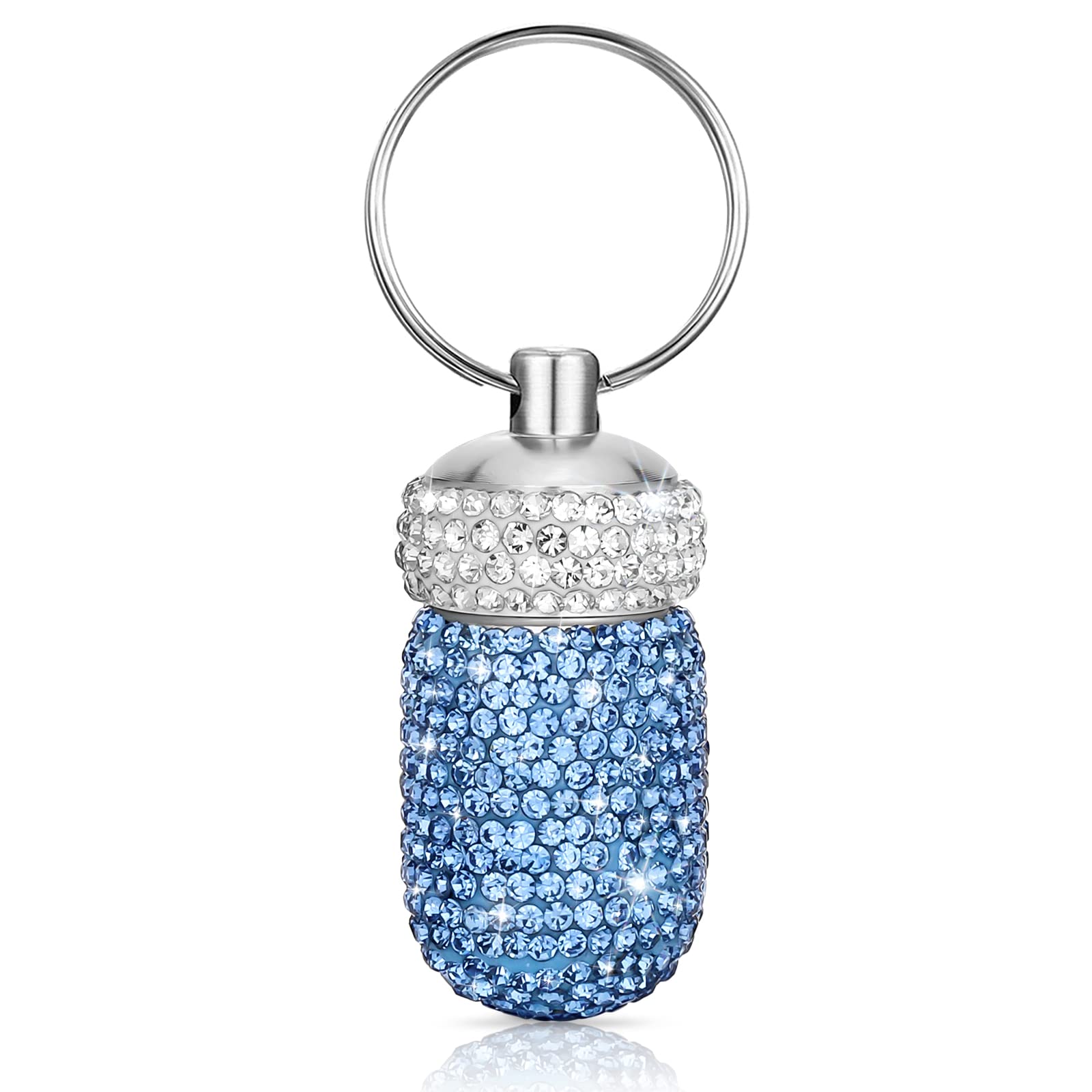 SoleebeePortable Bling Keychain Pill Box, Small Travel Pill Case Organizer, Outdoor Waterproof Pill Container, Crystal Diamond Medicine Bottle, Pill Bottle Keychain (Light Blue)